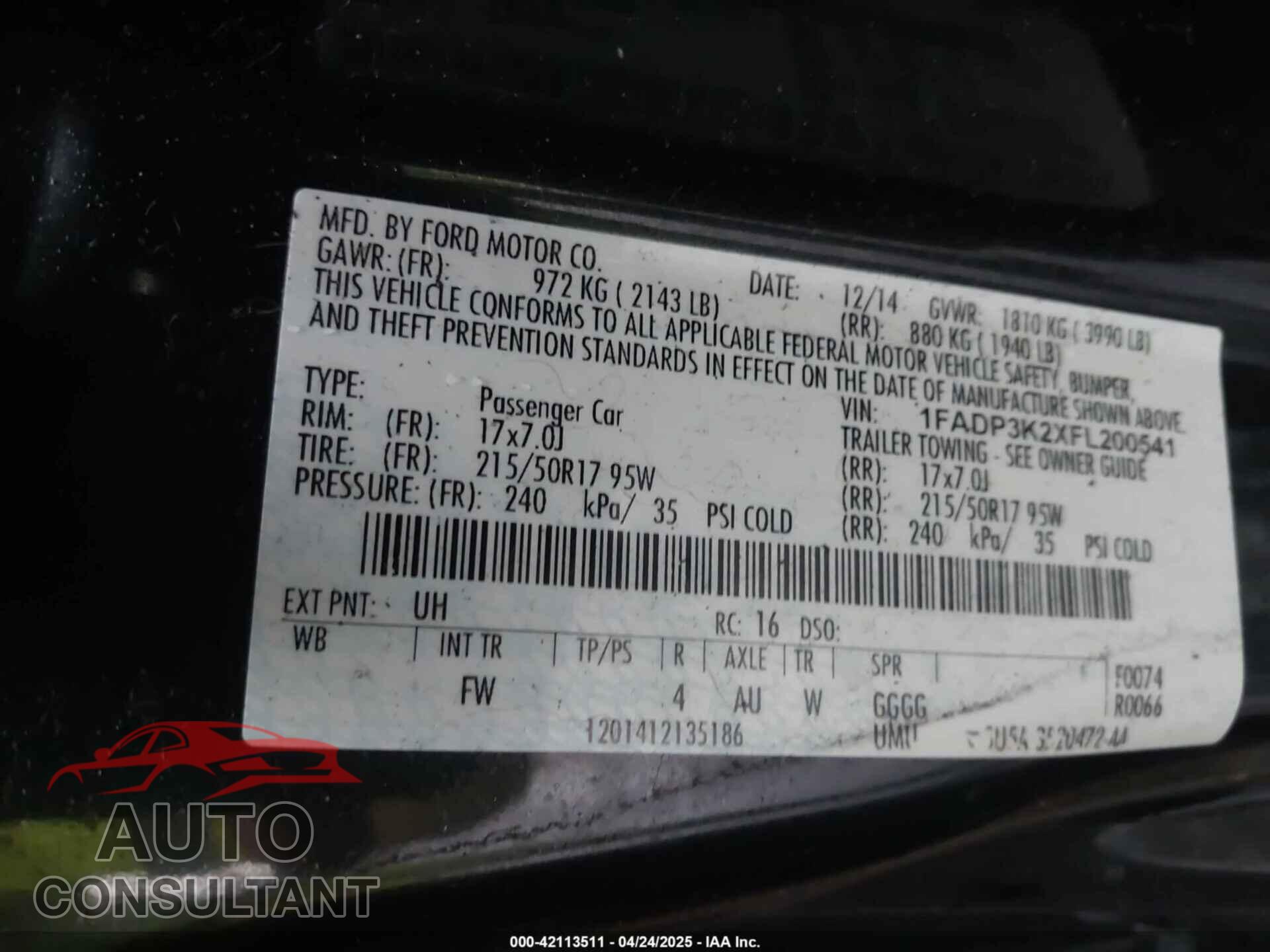 FORD FOCUS 2015 - 1FADP3K2XFL200541