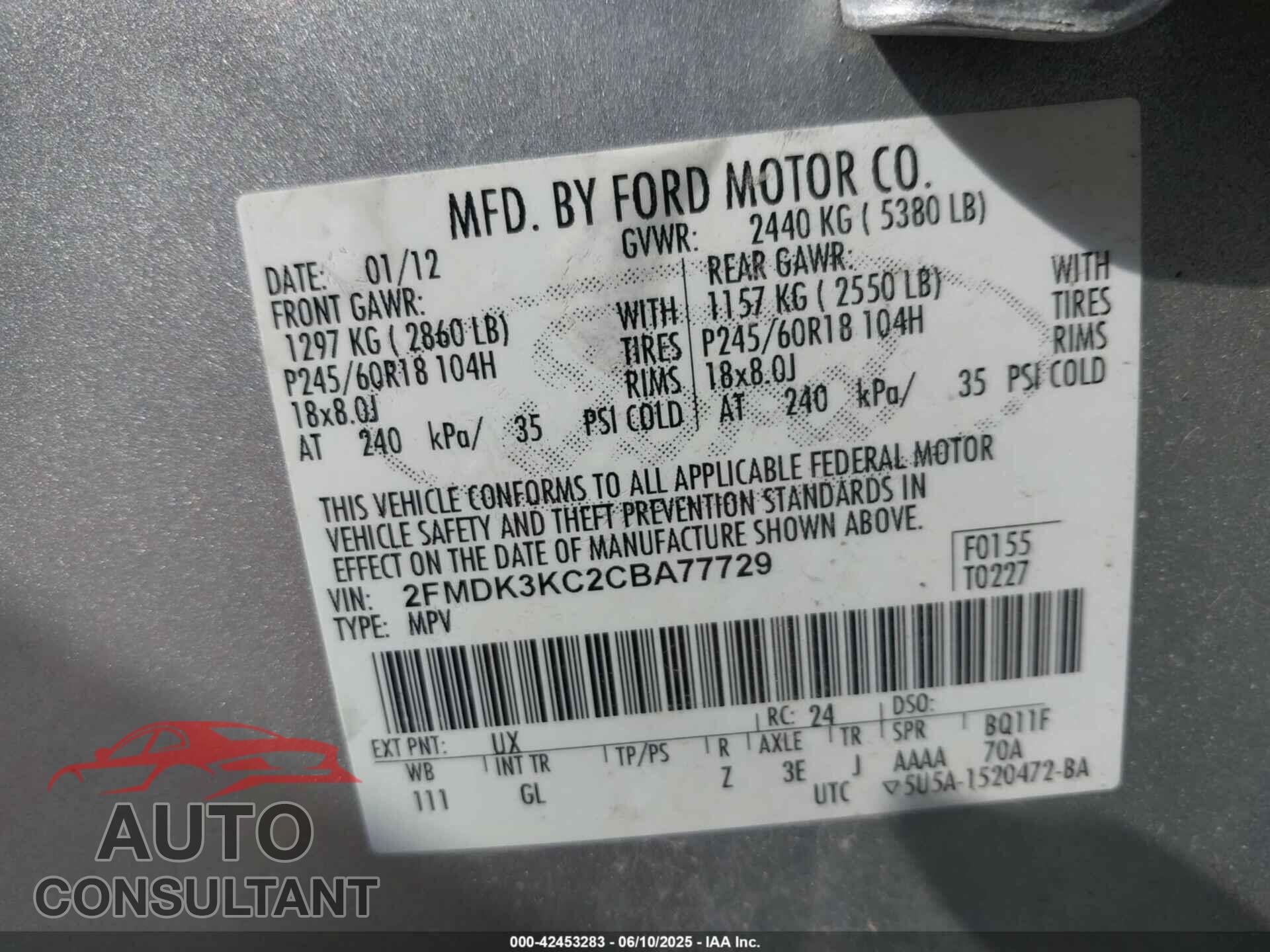 FORD EDGE 2012 - 2FMDK3KC2CBA77729