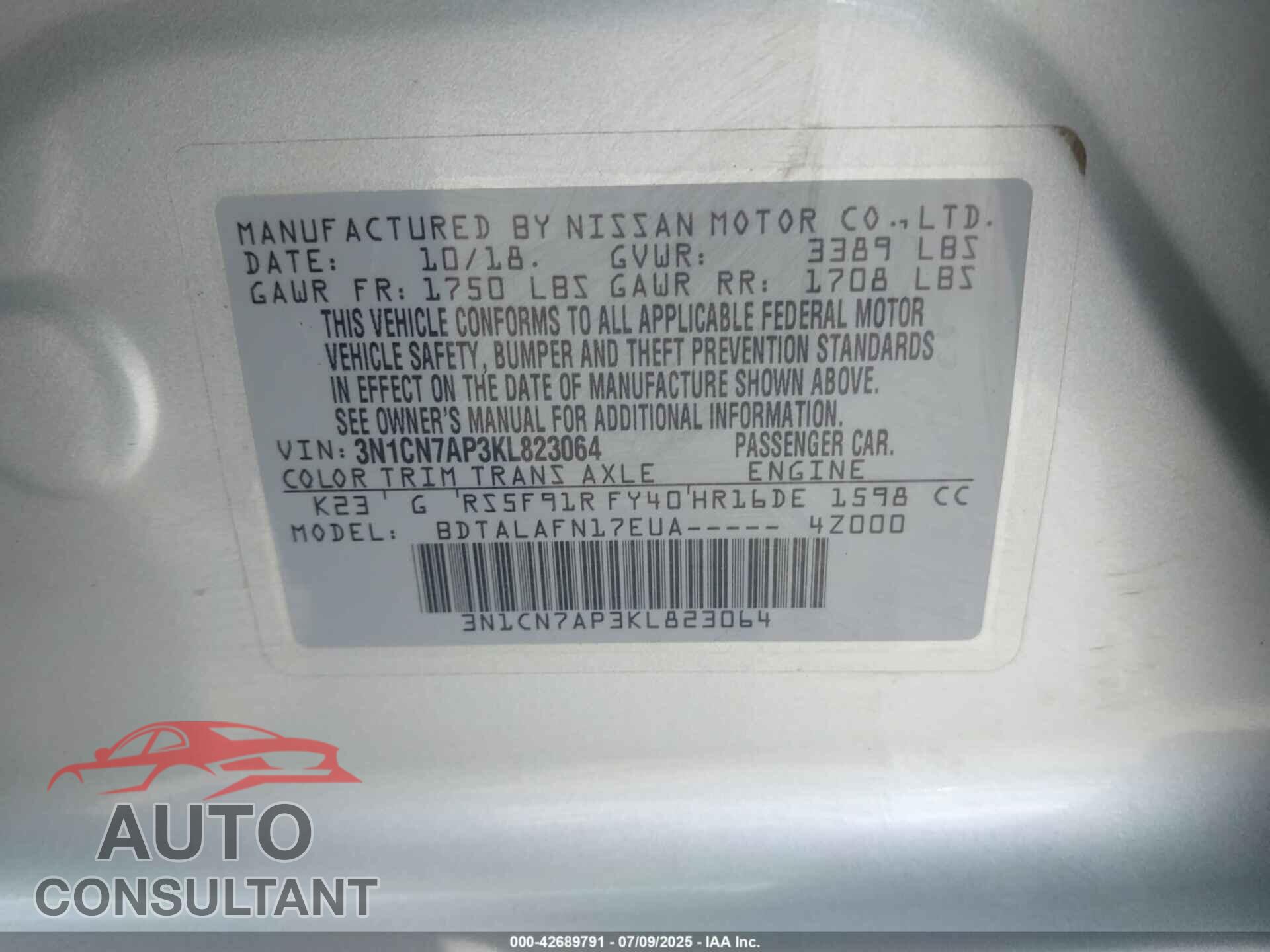 NISSAN VERSA 2019 - 3N1CN7AP3KL823064
