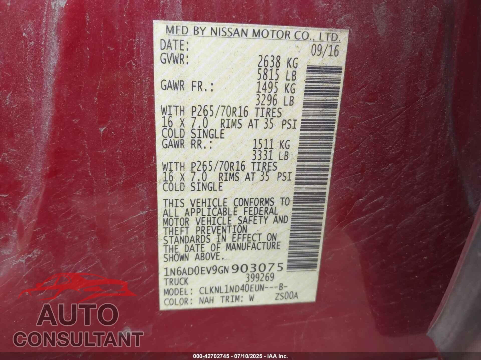 NISSAN FRONTIER 2016 - 1N6AD0EV9GN903075