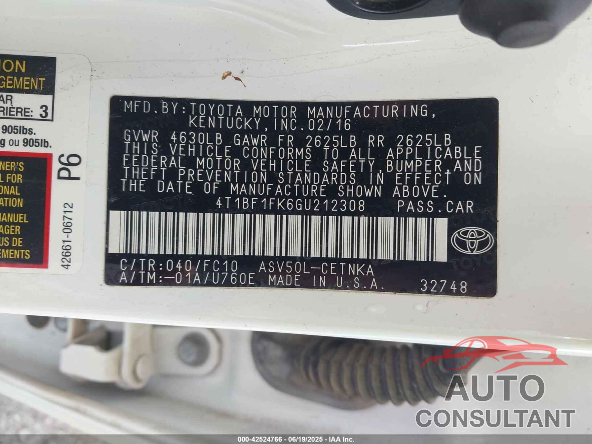 TOYOTA CAMRY 2016 - 4T1BF1FK6GU212308