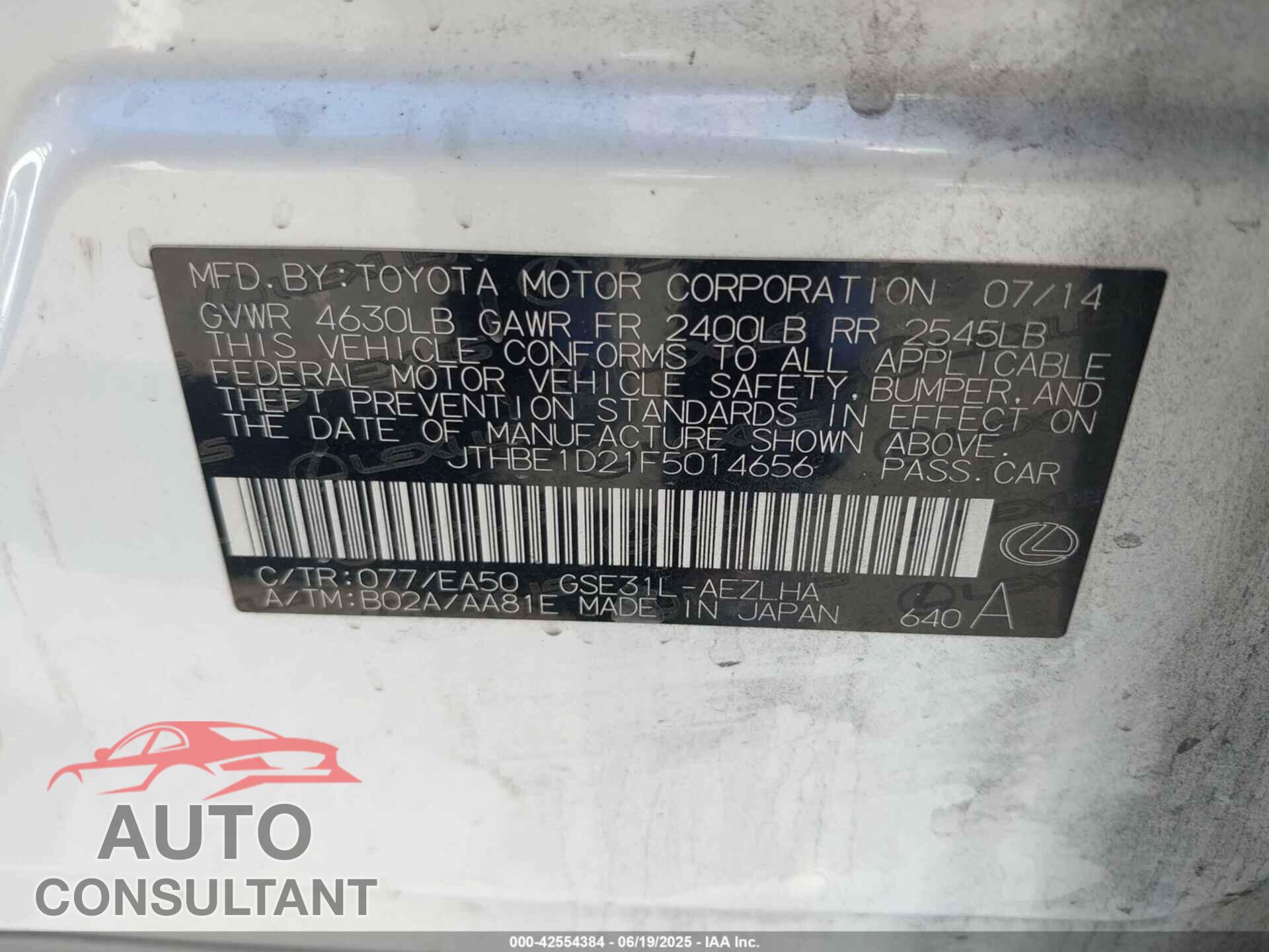 LEXUS IS 2015 - JTHBE1D21F5014656