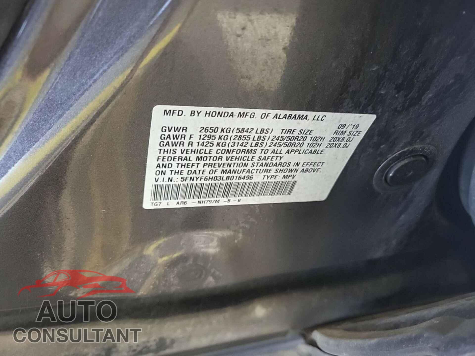 HONDA PILOT 2020 - 5FNYF6H03LB016496