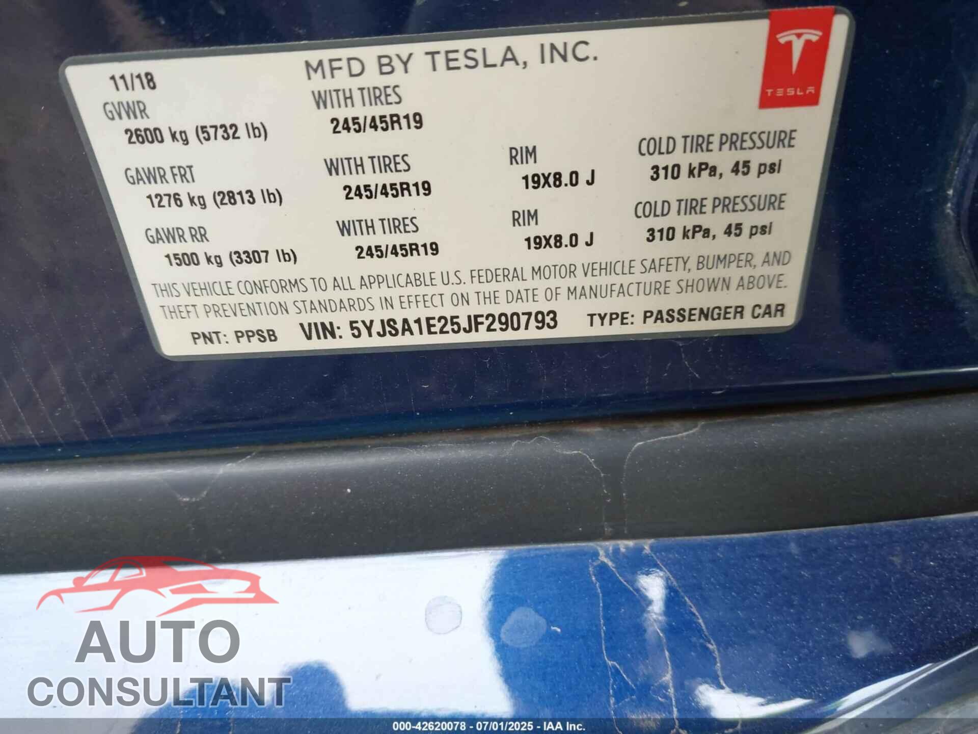 TESLA MODEL S 2018 - 5YJSA1E25JF290793