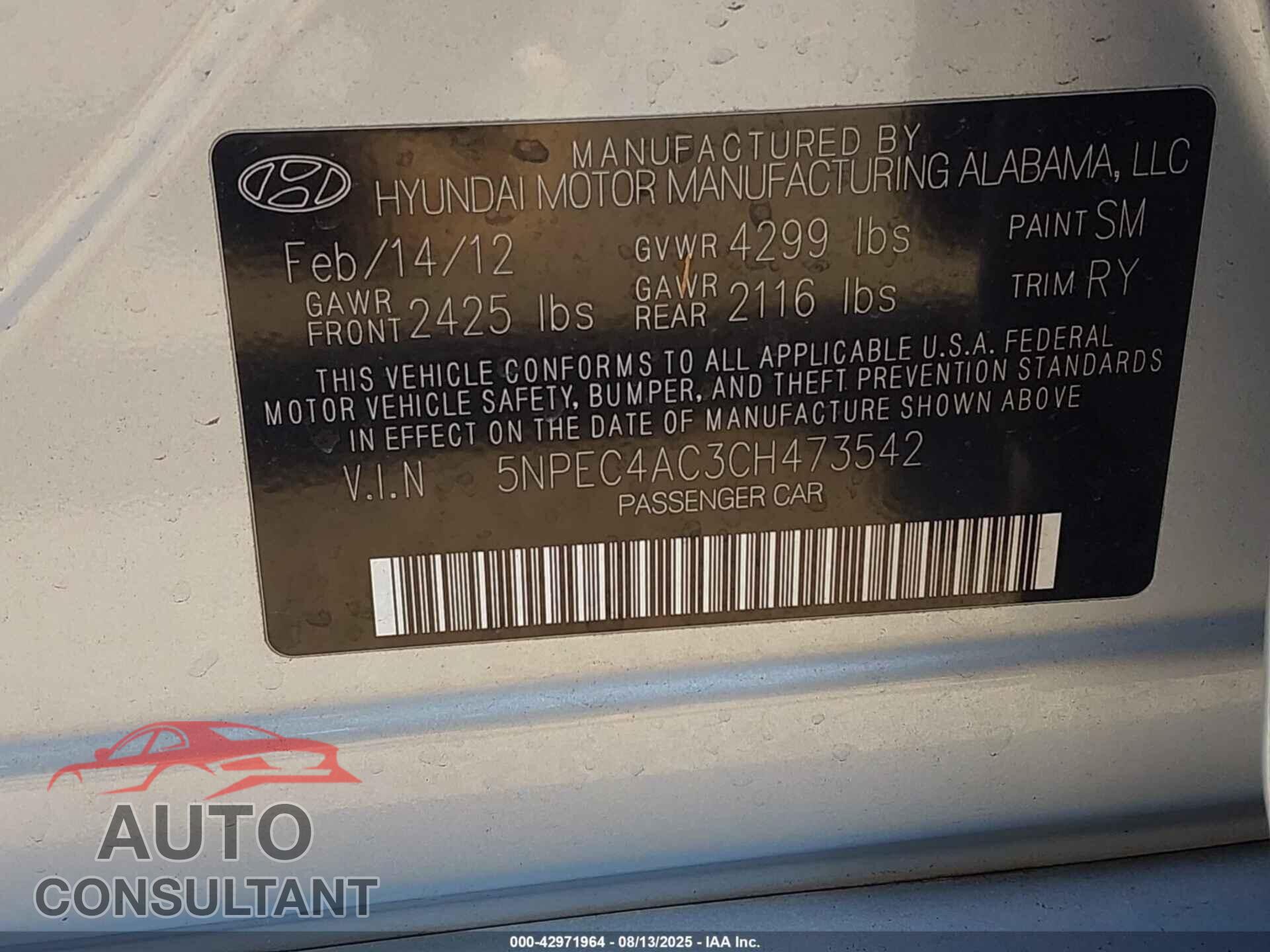 HYUNDAI SONATA 2012 - 5NPEC4AC3CH473542