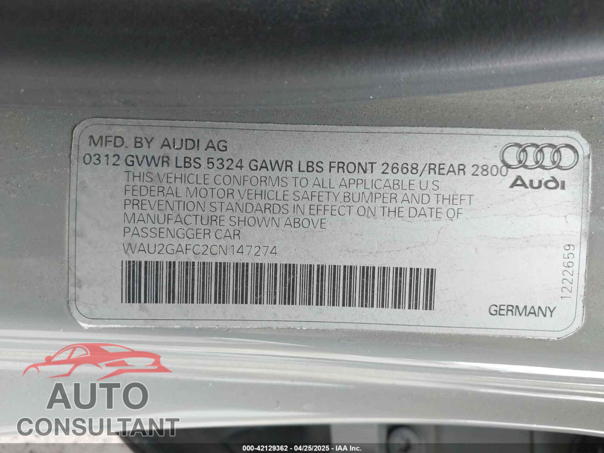 AUDI A7 2012 - WAU2GAFC2CN147274