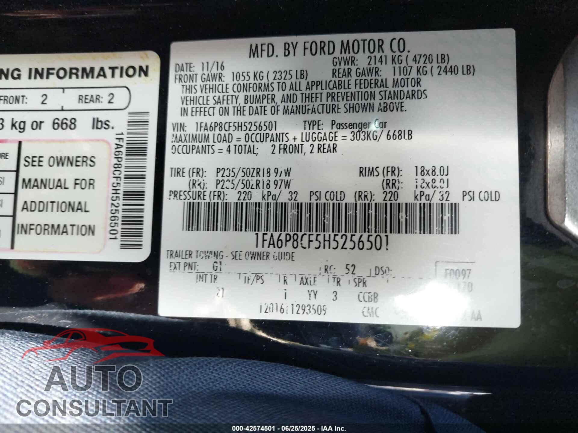 FORD MUSTANG 2017 - 1FA6P8CF5H5256501