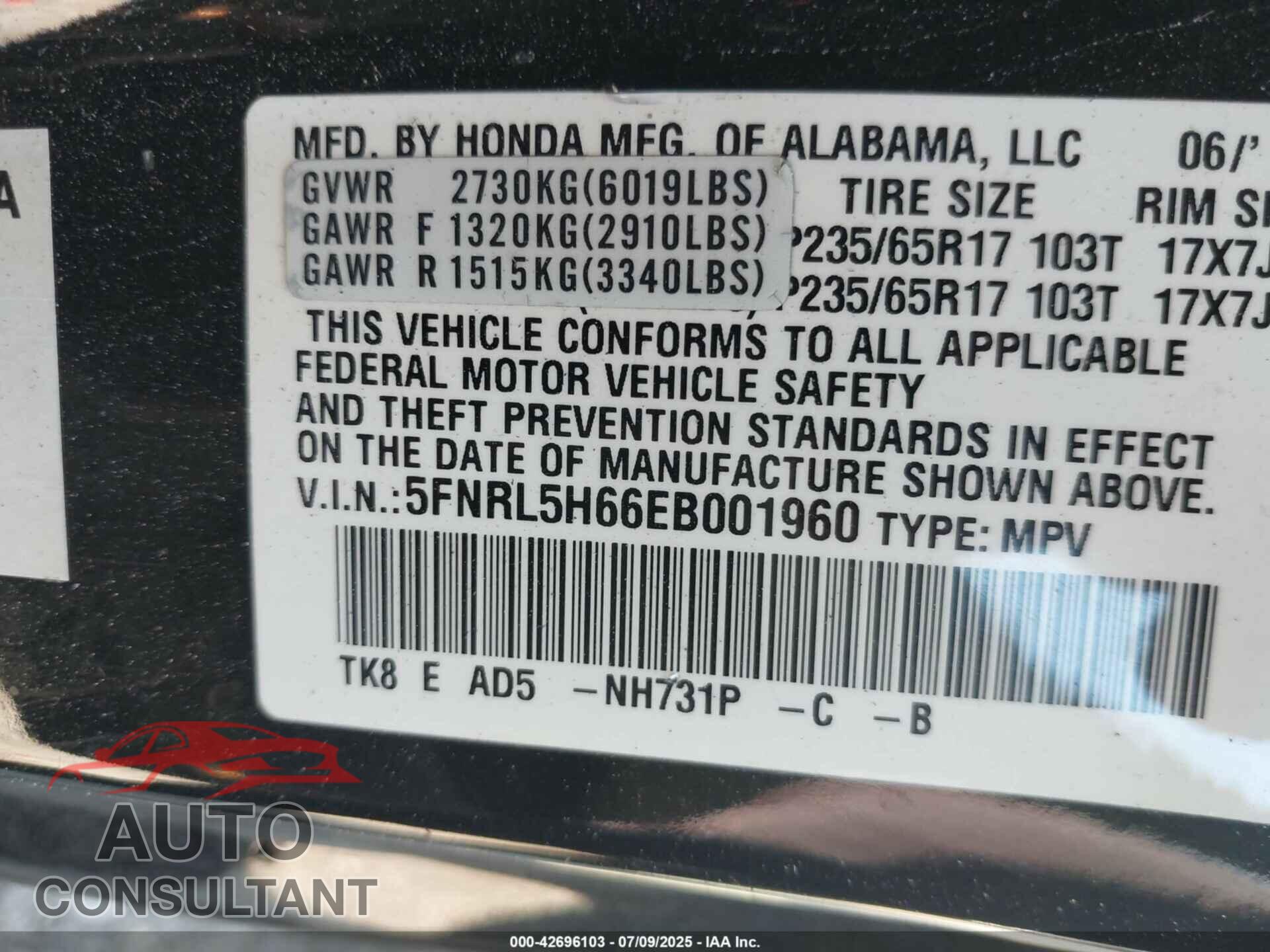 HONDA ODYSSEY 2014 - 5FNRL5H66EB001960