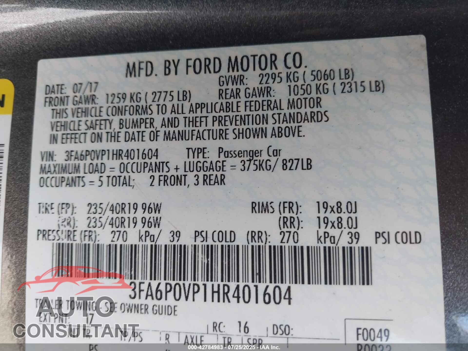 FORD FUSION 2017 - 3FA6P0VP1HR401604
