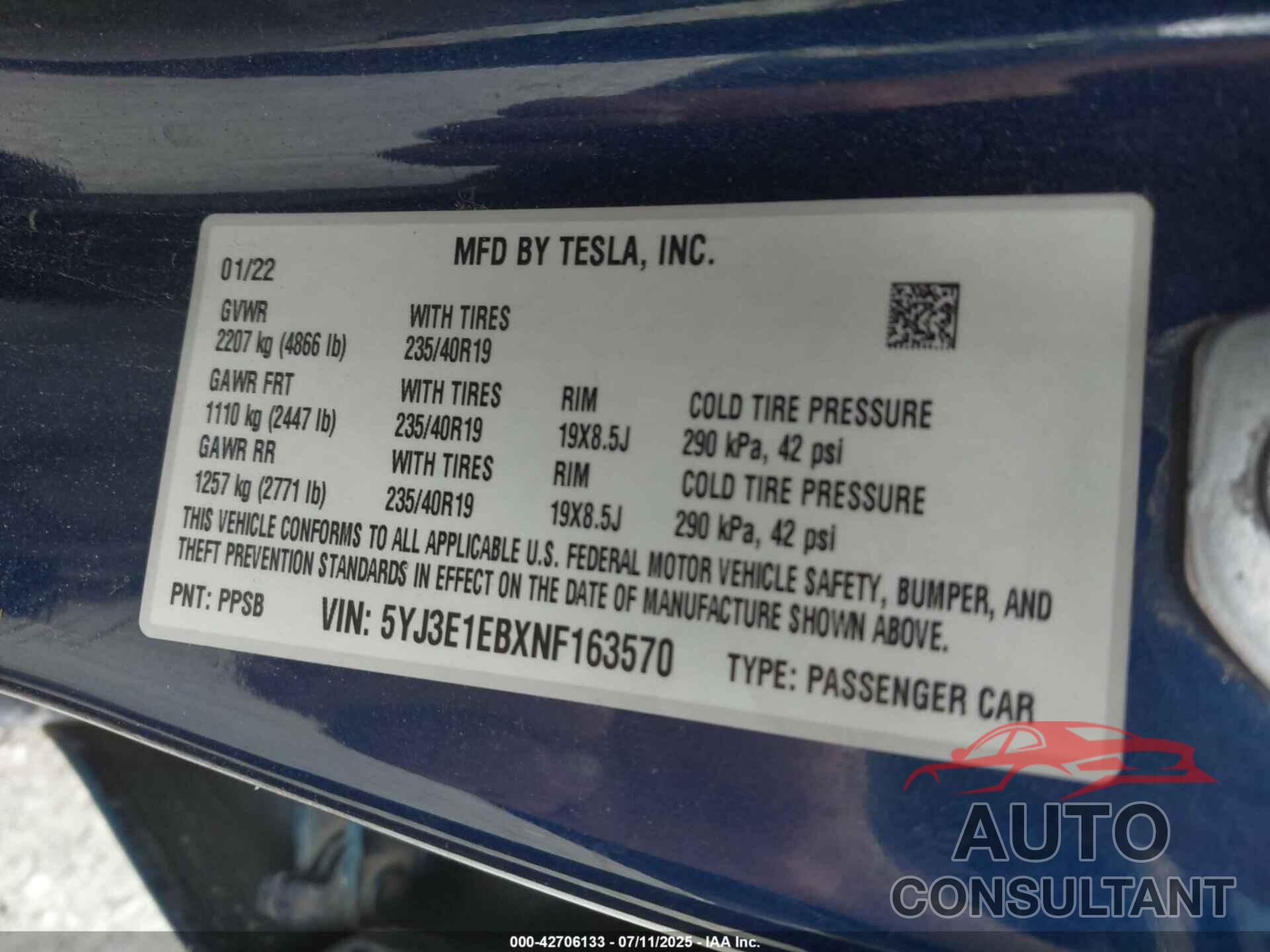 TESLA MODEL 3 2022 - 5YJ3E1EBXNF163570