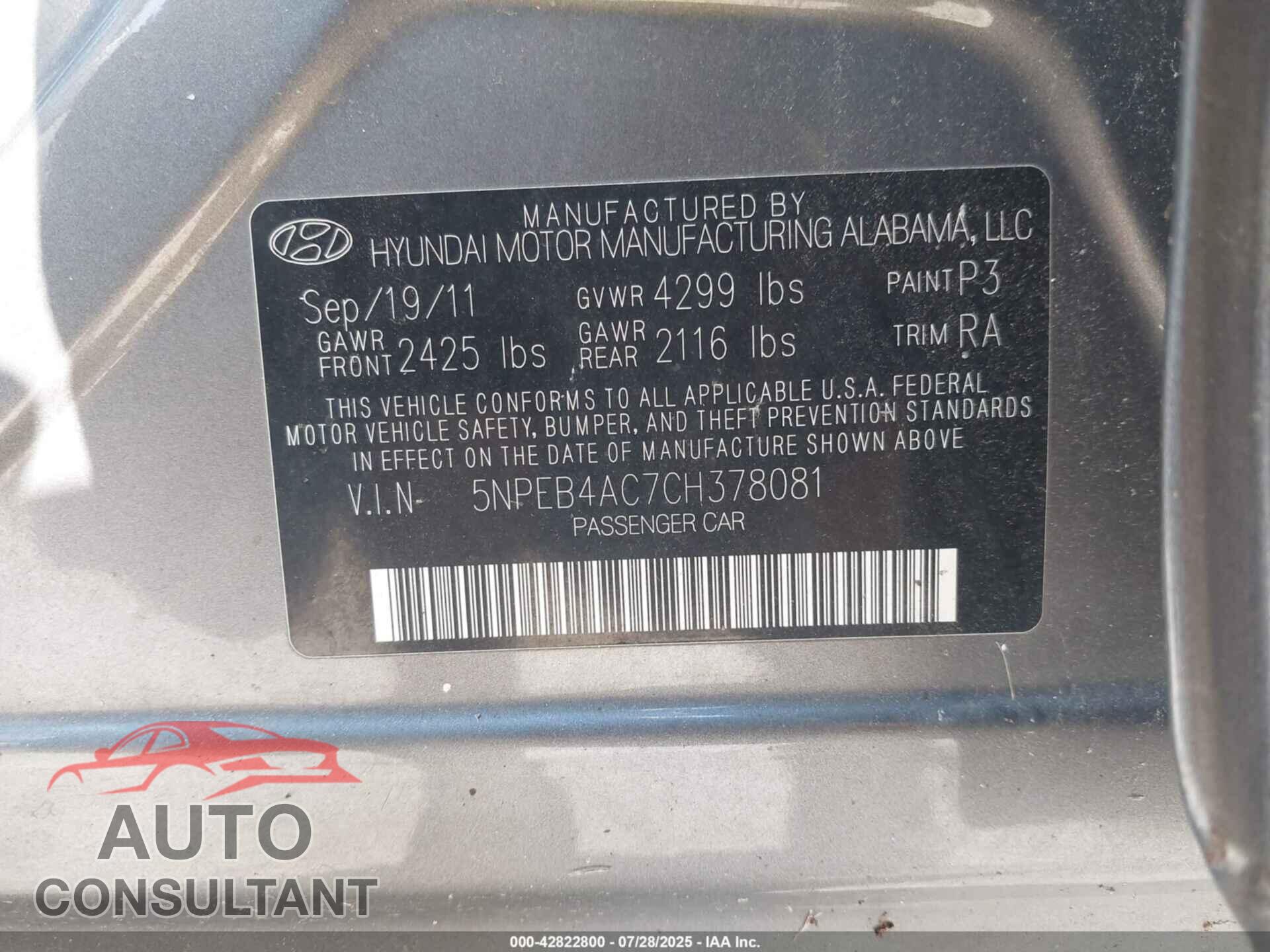 HYUNDAI SONATA 2012 - 5NPEB4AC7CH378081