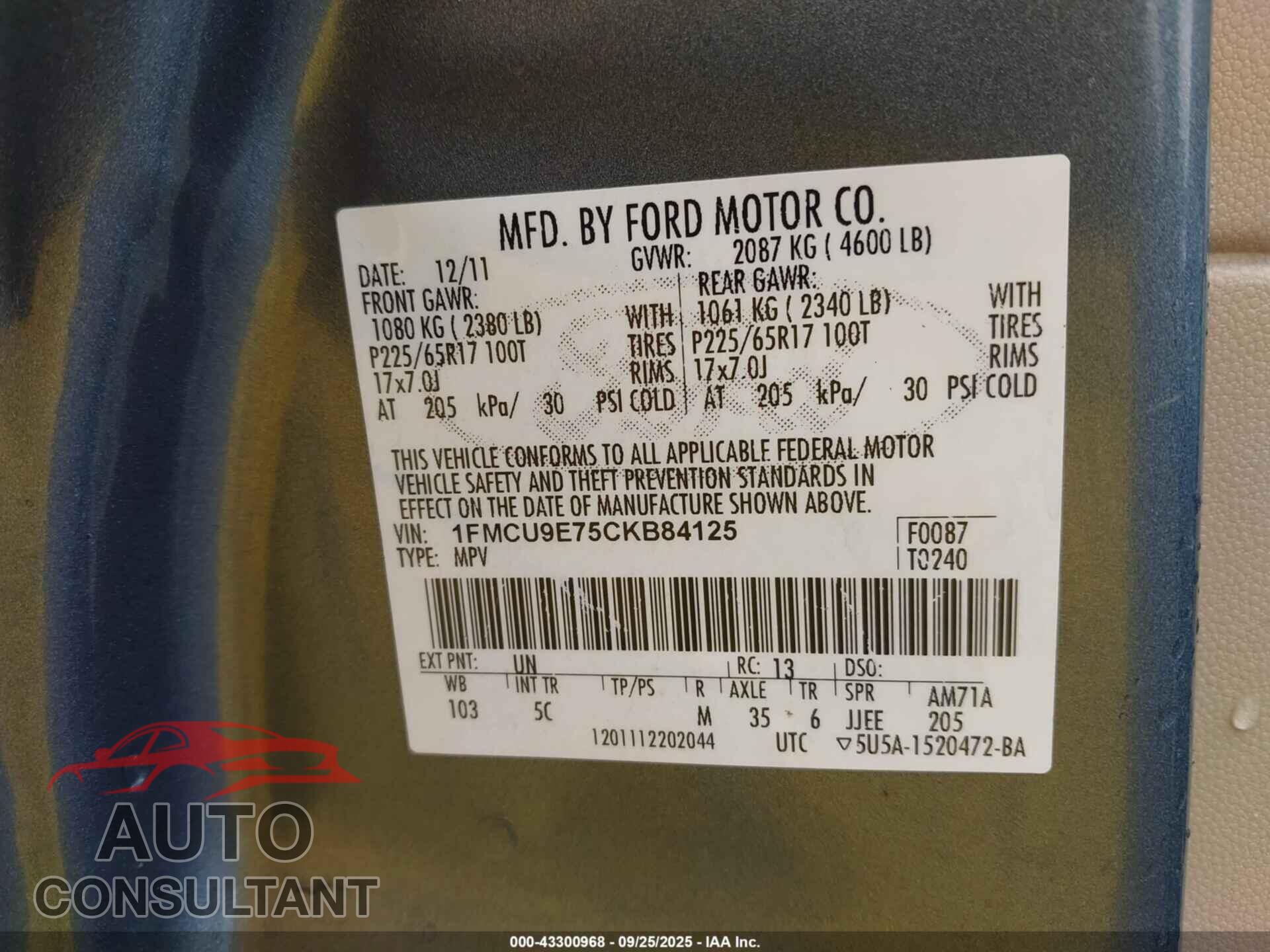 FORD ESCAPE 2012 - 1FMCU9E75CKB84125