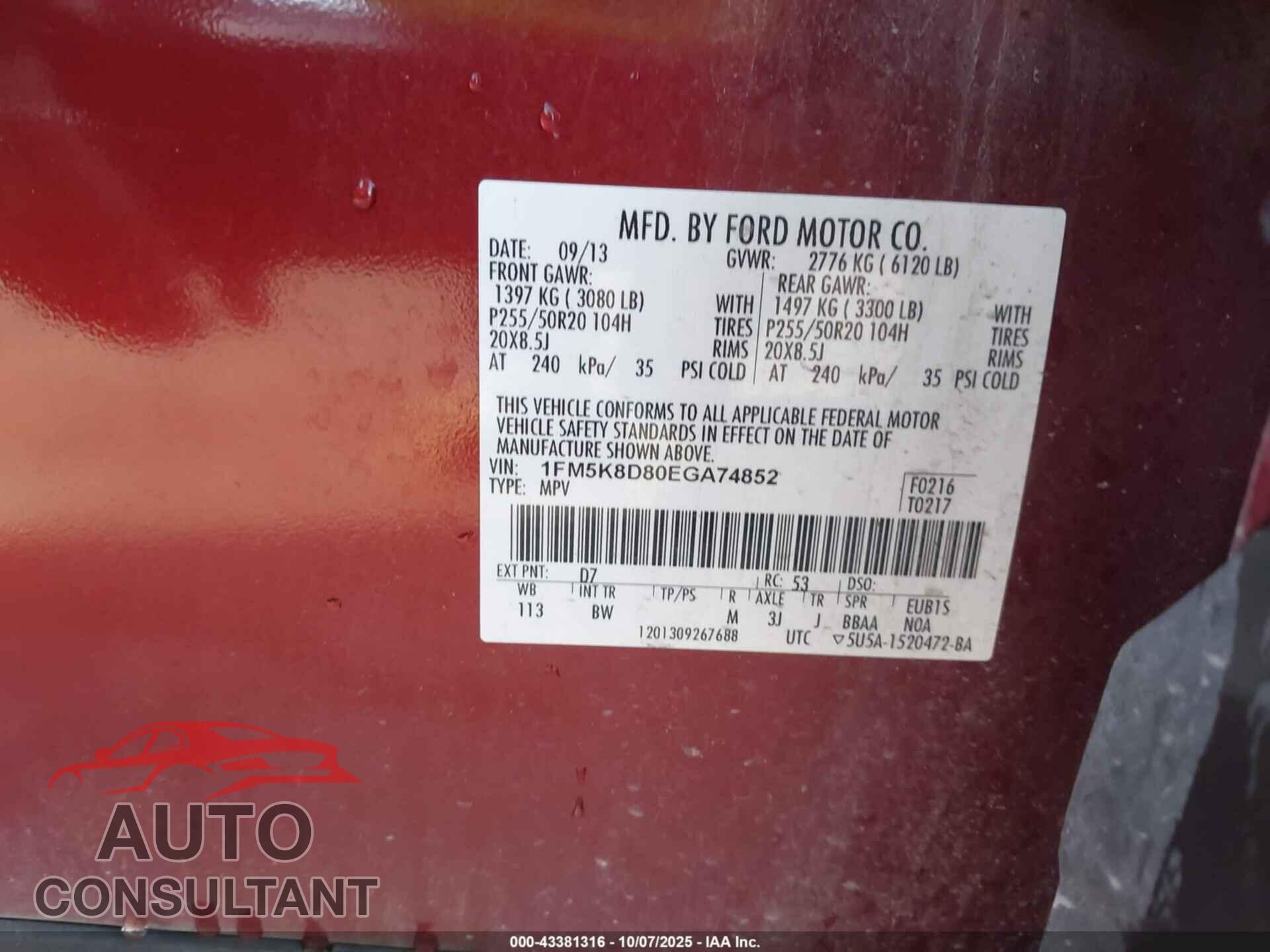 FORD EXPLORER 2014 - 1FM5K8D80EGA74852