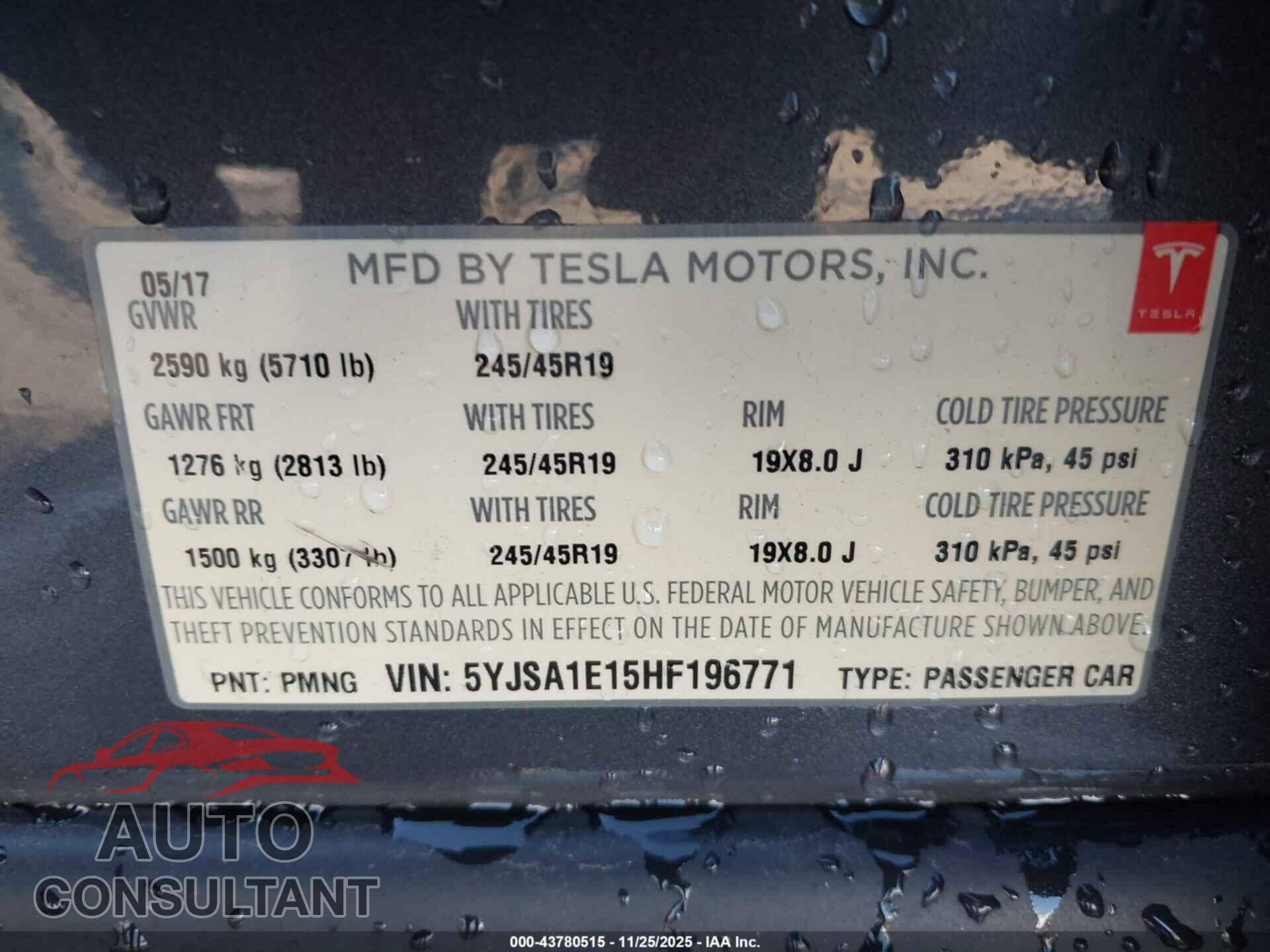 TESLA MODEL S 2017 - 5YJSA1E15HF196771
