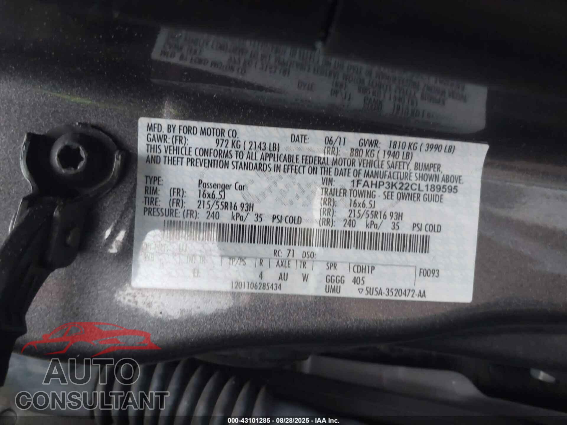 FORD FOCUS 2012 - 1FAHP3K22CL189595