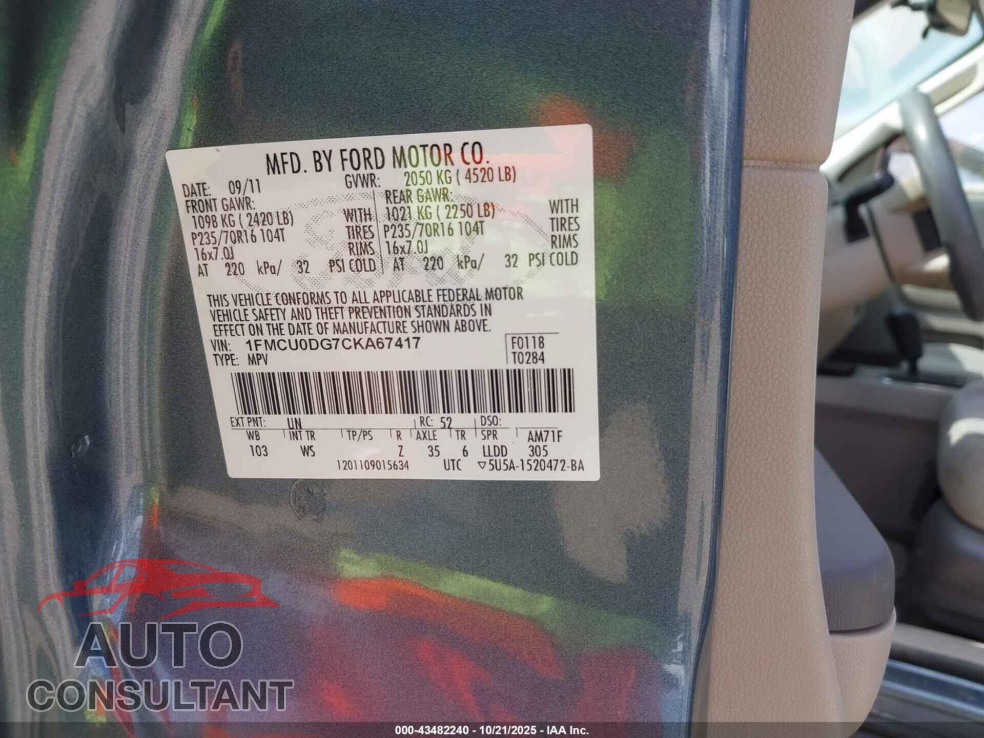 FORD ESCAPE 2012 - 1FMCU0DG7CKA67417