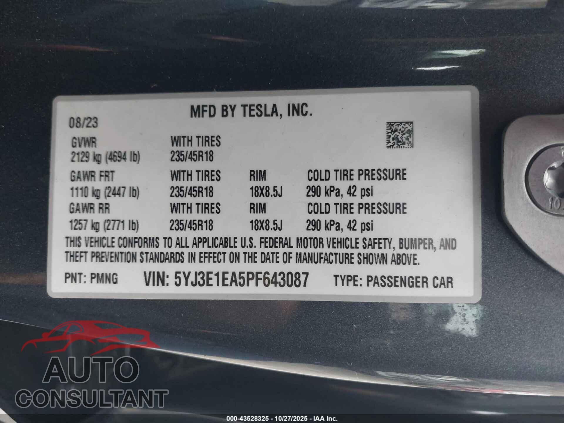 TESLA MODEL 3 2023 - 5YJ3E1EA5PF643087