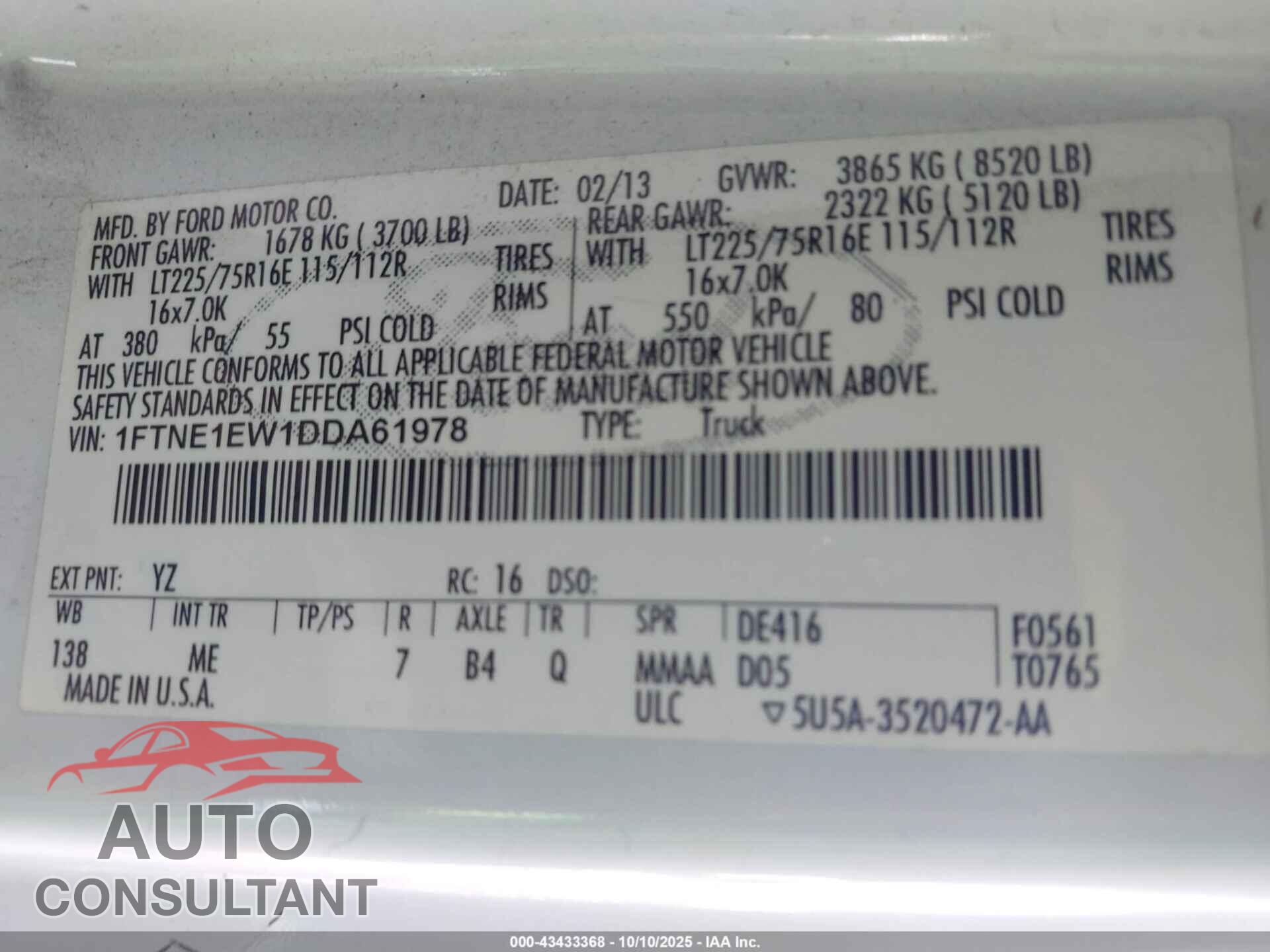 FORD E-150 2013 - 1FTNE1EW1DDA61978