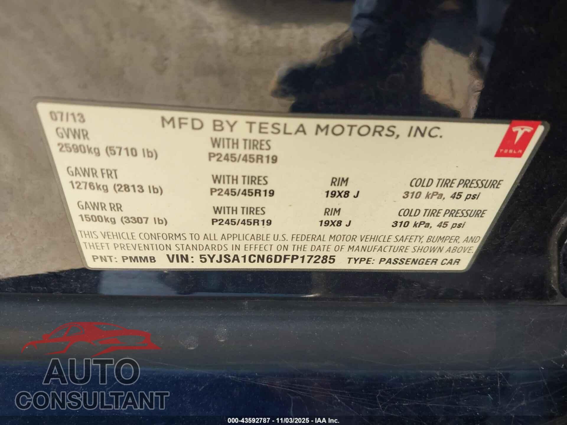 TESLA MODEL S 2013 - 5YJSA1CN6DFP17285