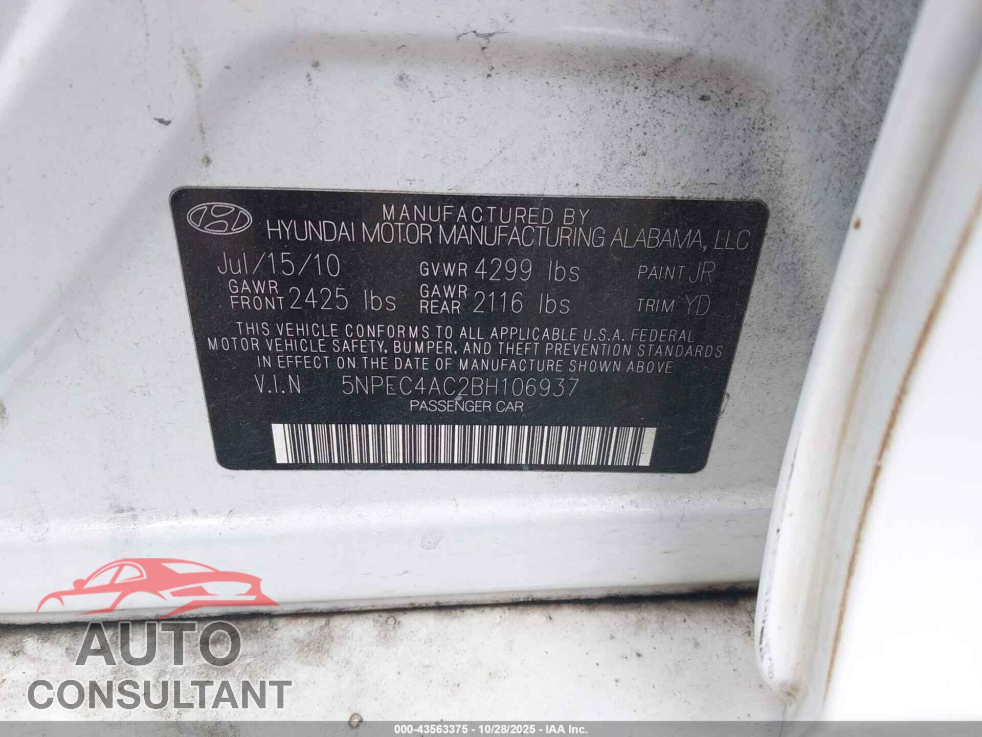 HYUNDAI SONATA 2011 - 5NPEC4AC2BH106937