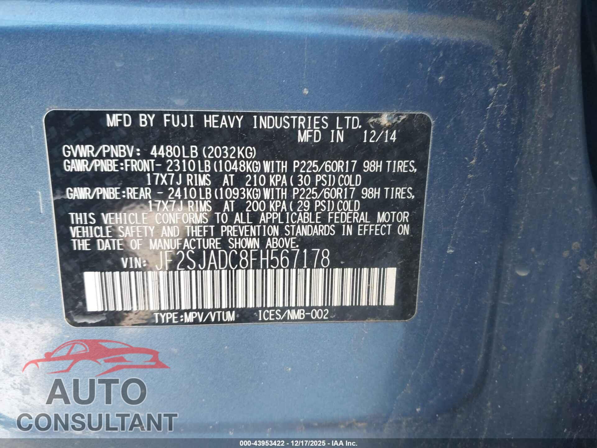 SUBARU FORESTER 2015 - JF2SJADC8FH567178
