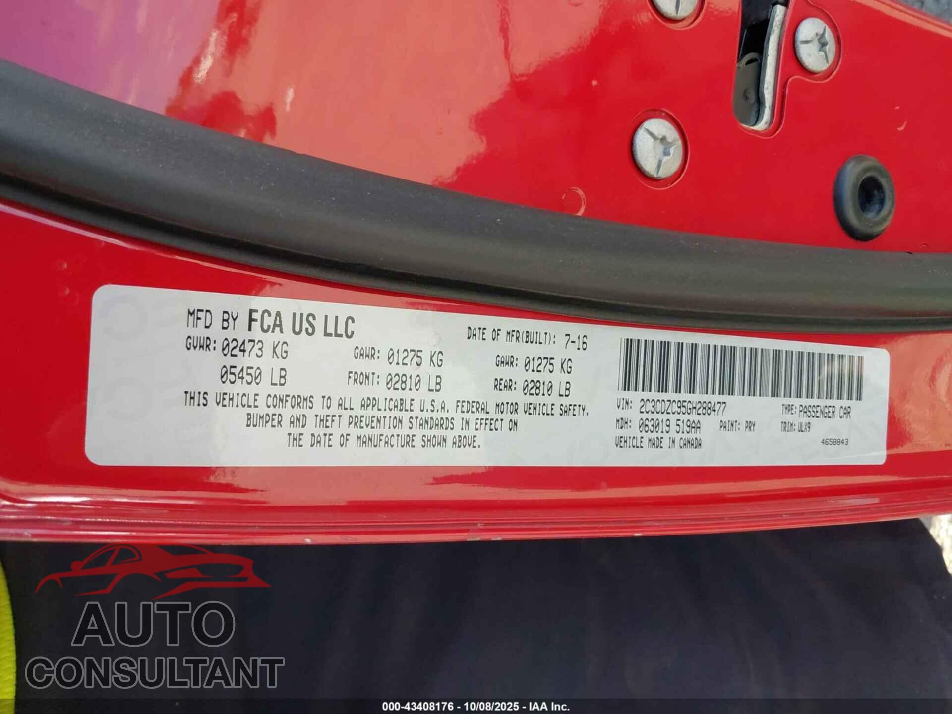 DODGE CHALLENGER 2016 - 2C3CDZC95GH288477