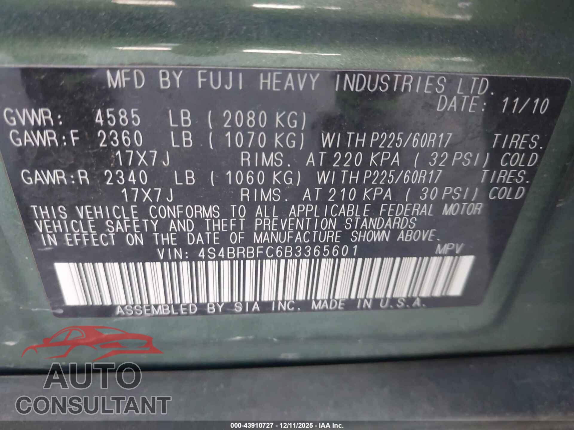 SUBARU OUTBACK 2011 - 4S4BRBFC6B3365601