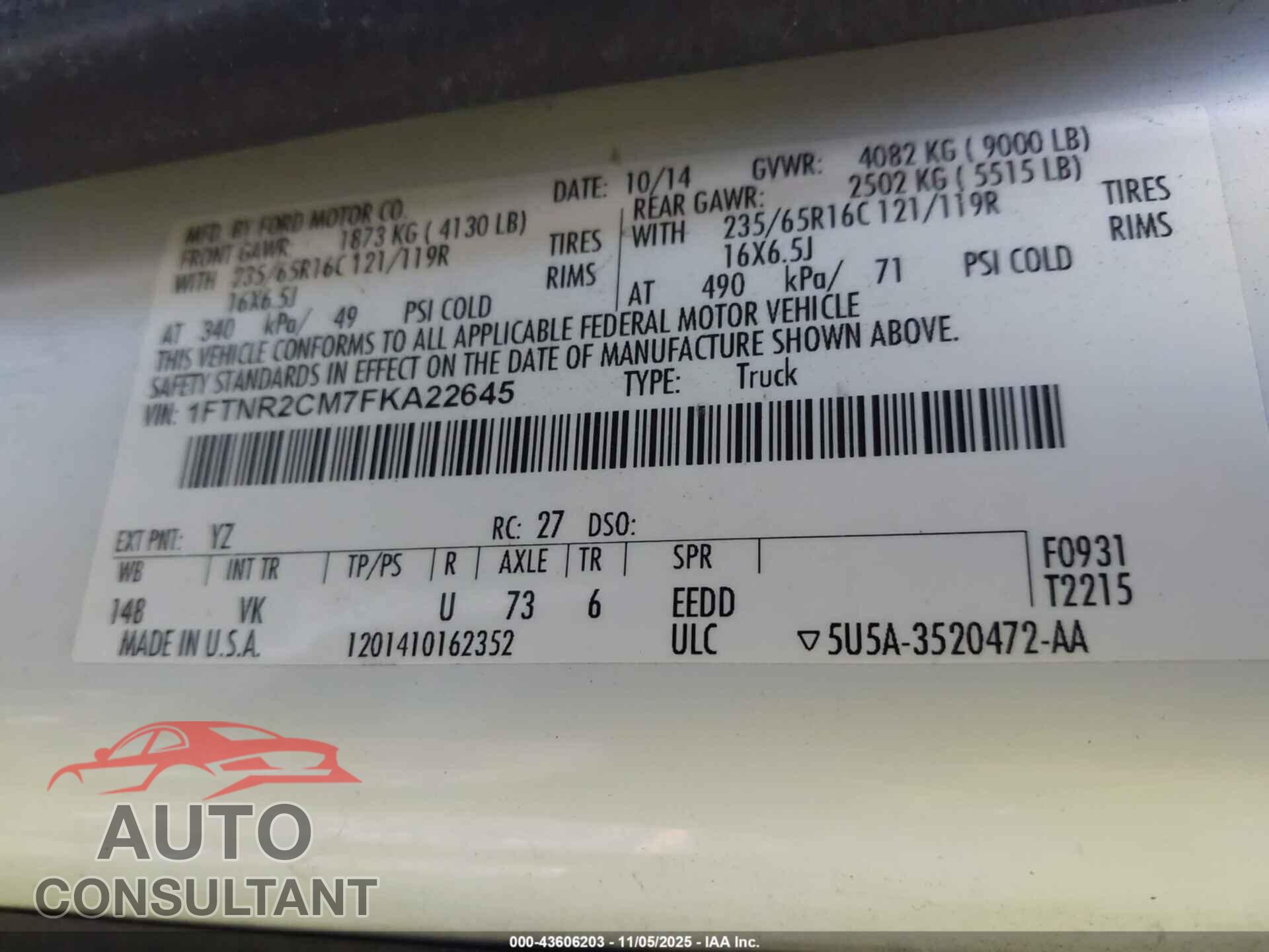 FORD TRANSIT-250 2015 - 1FTNR2CM7FKA22645