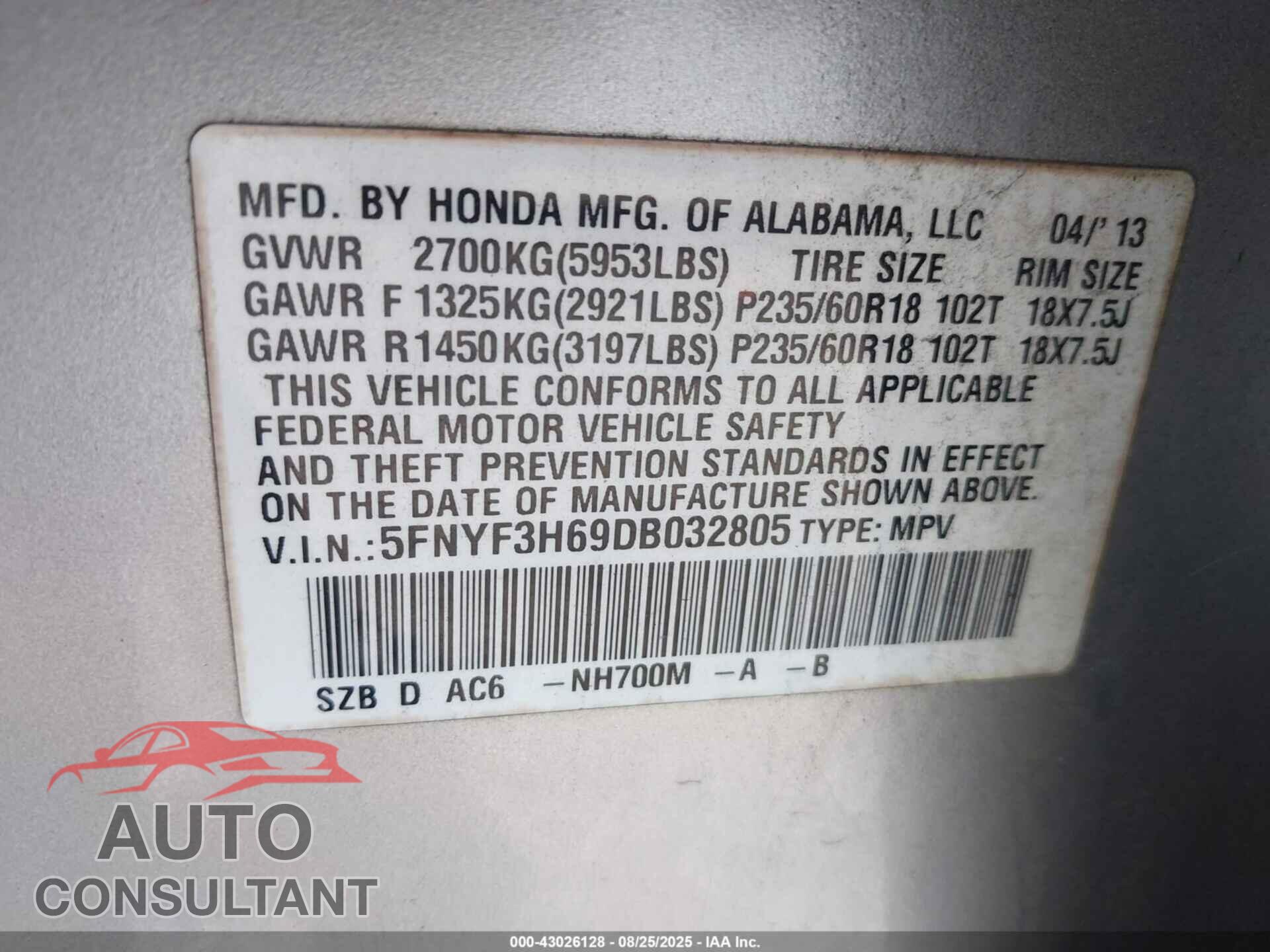 HONDA PILOT 2013 - 5FNYF3H69DB032805