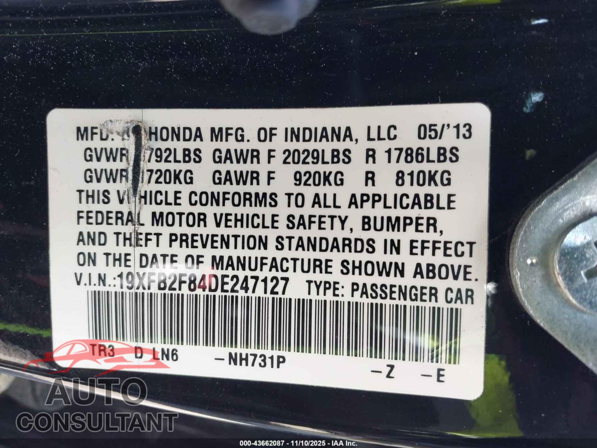 HONDA CIVIC 2013 - 19XFB2F84DE247127