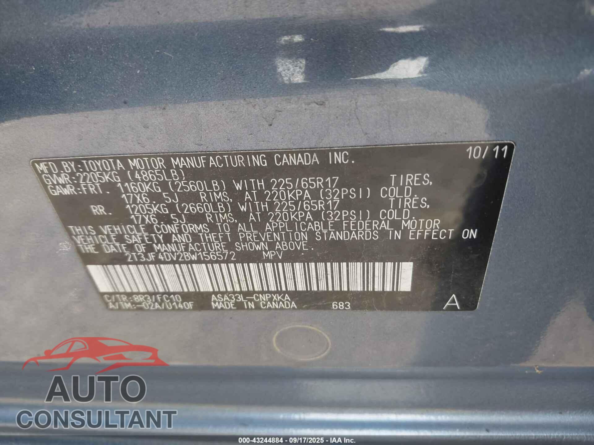 TOYOTA RAV4 2011 - 2T3JF4DV2BW156572