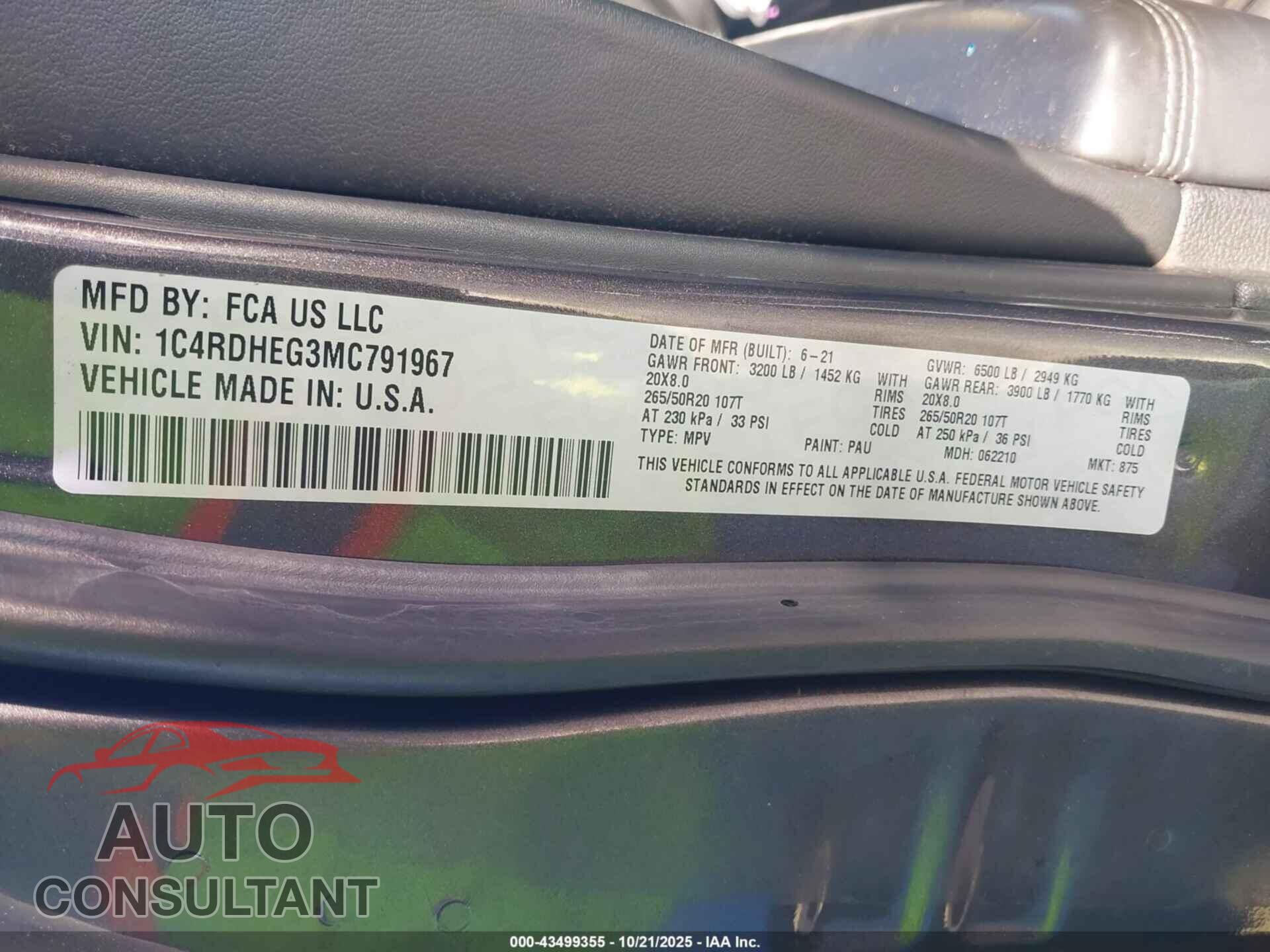 DODGE DURANGO 2021 - 1C4RDHEG3MC791967