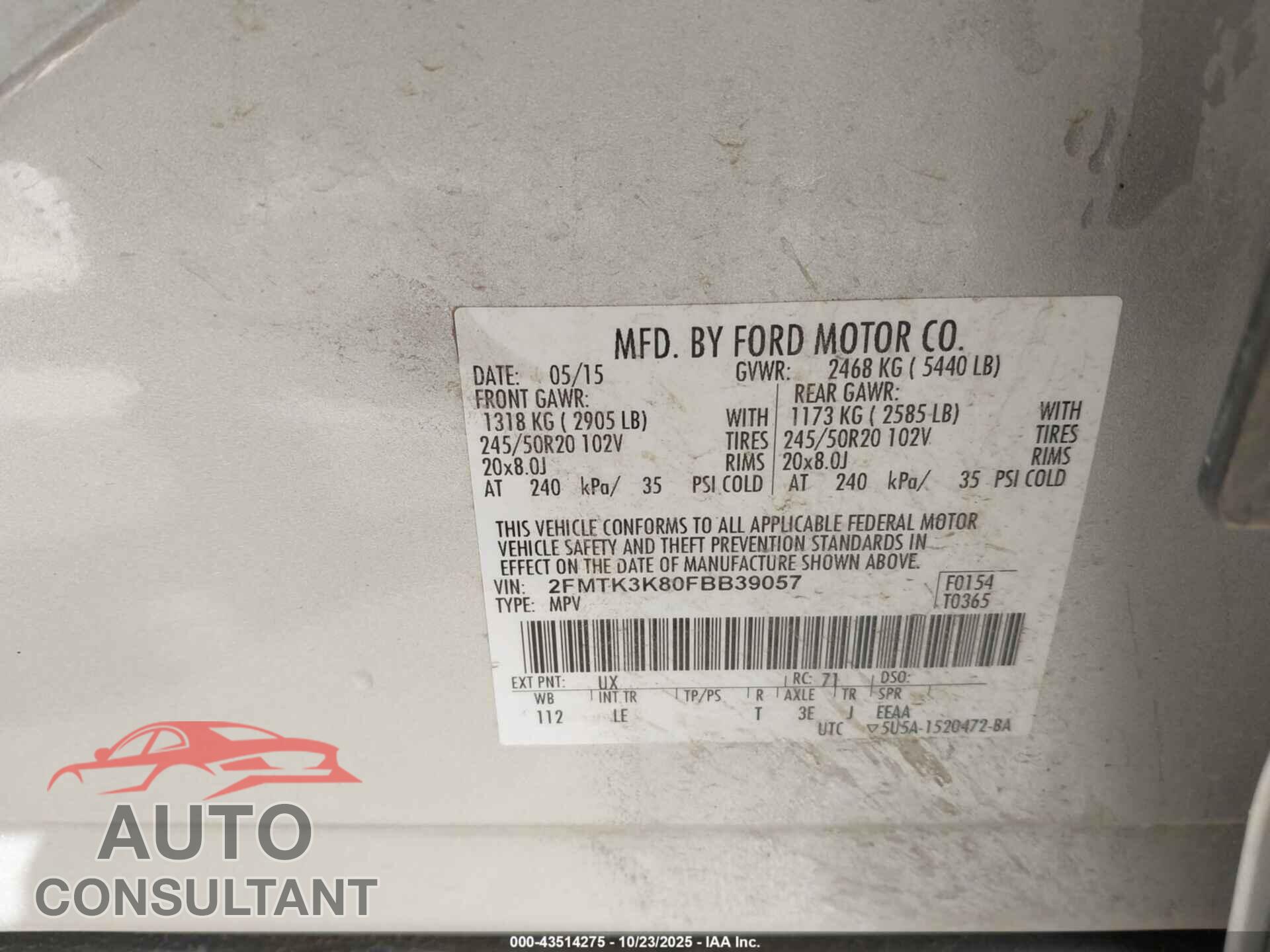 FORD EDGE 2015 - 2FMTK3K80FBB39057