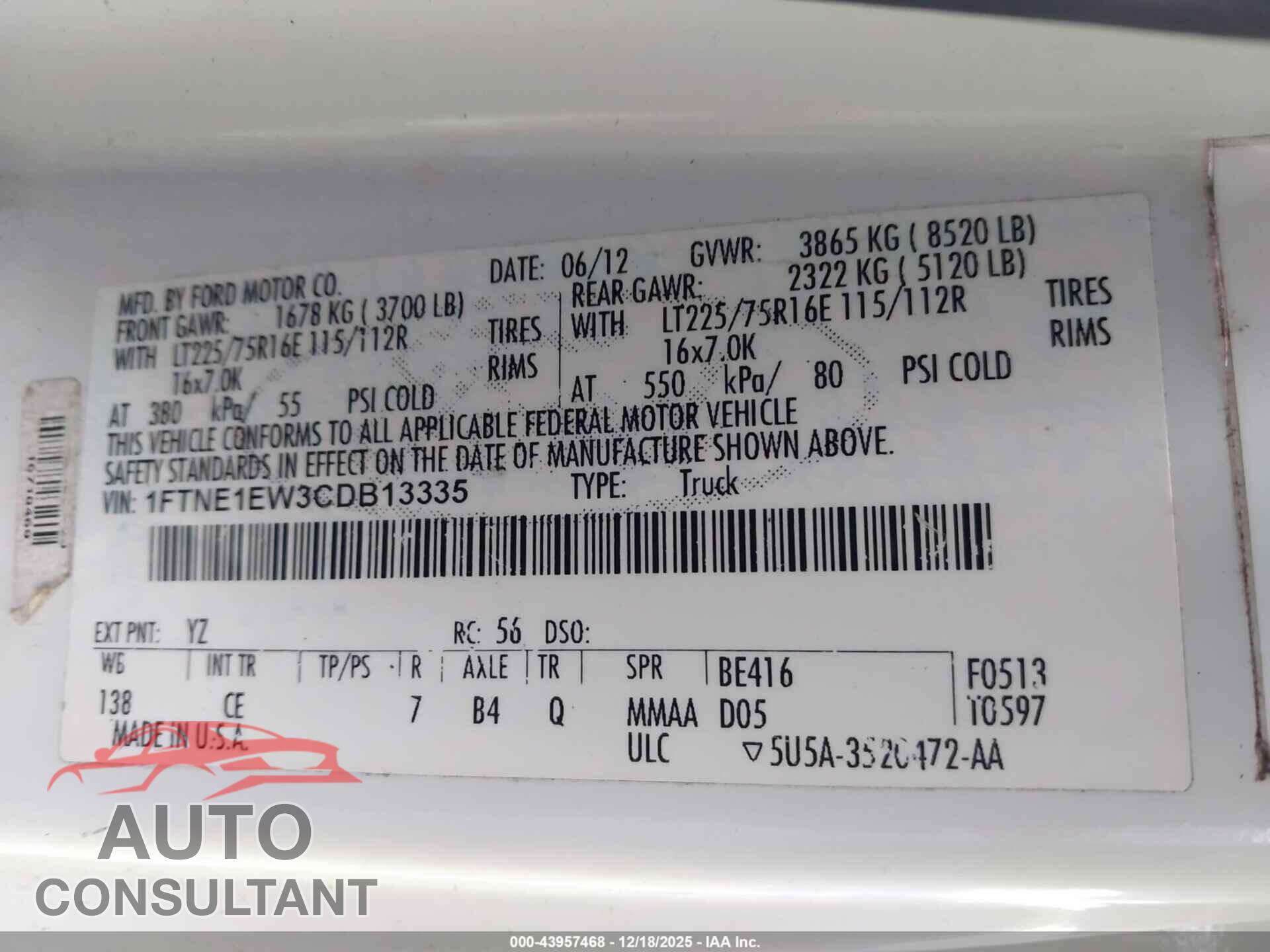 FORD E-150 2012 - 1FTNE1EW3CDB13335