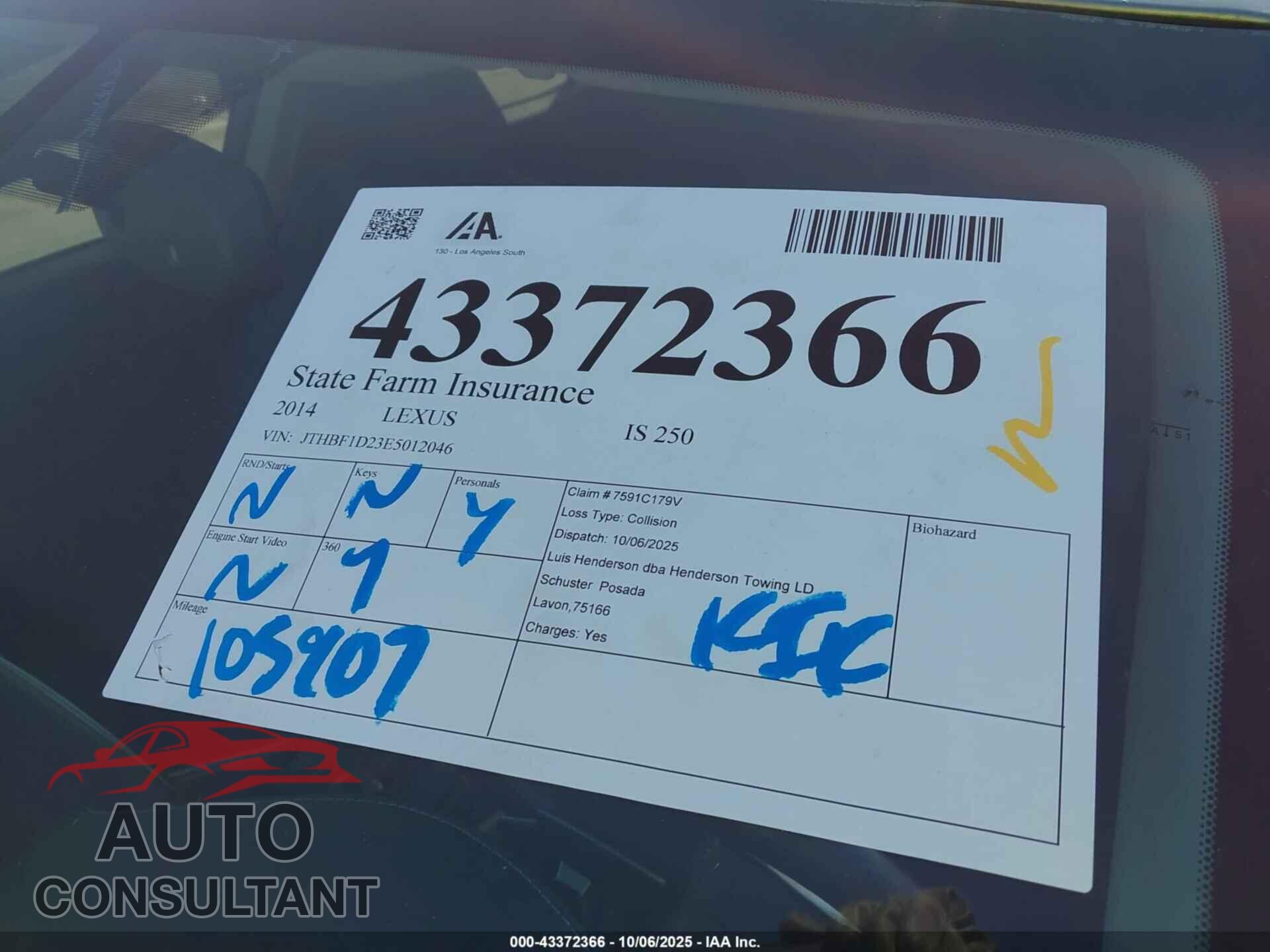 LEXUS IS 250 2014 - JTHBF1D23E5012046