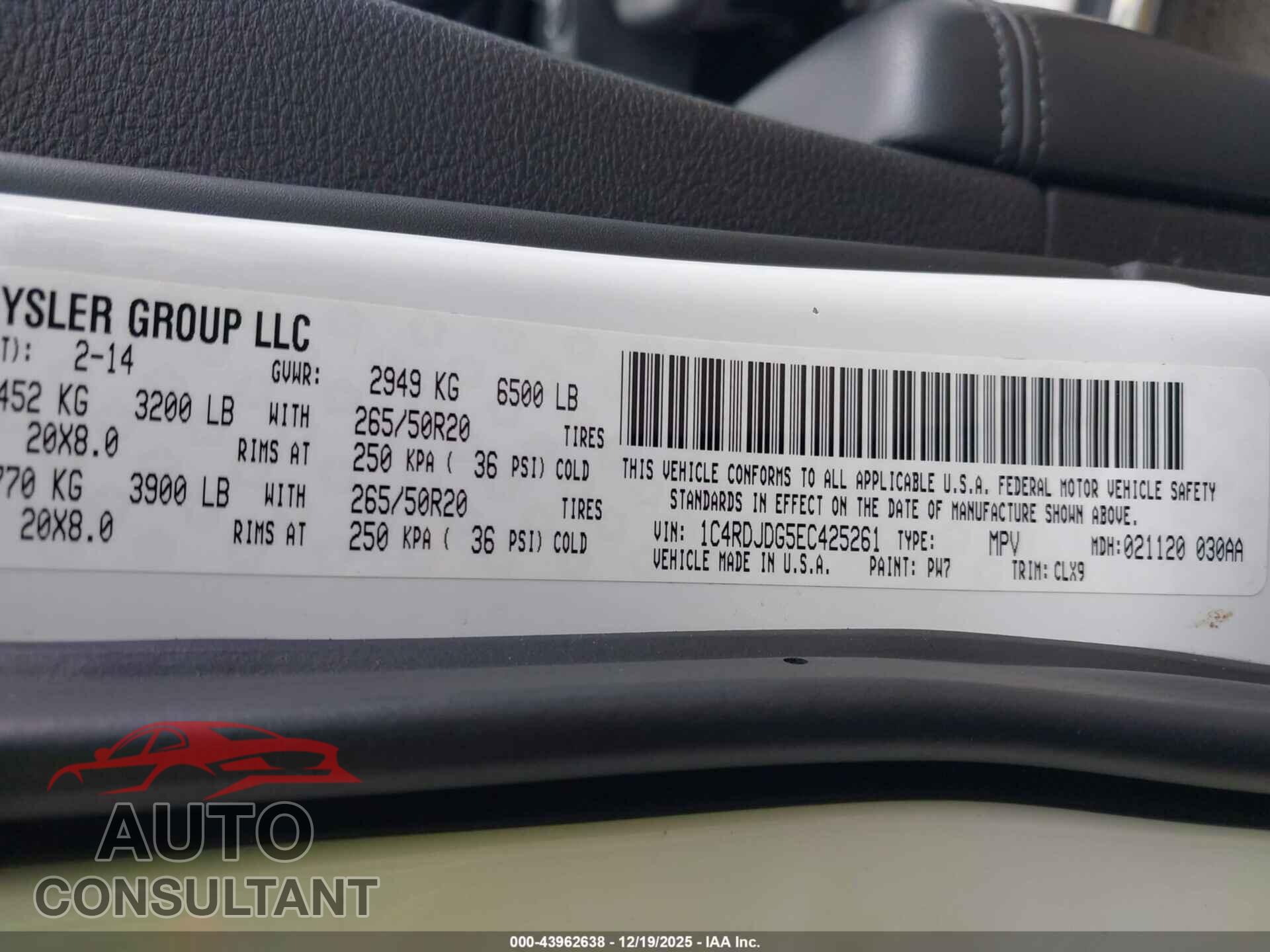 DODGE DURANGO 2014 - 1C4RDJDG5EC425261