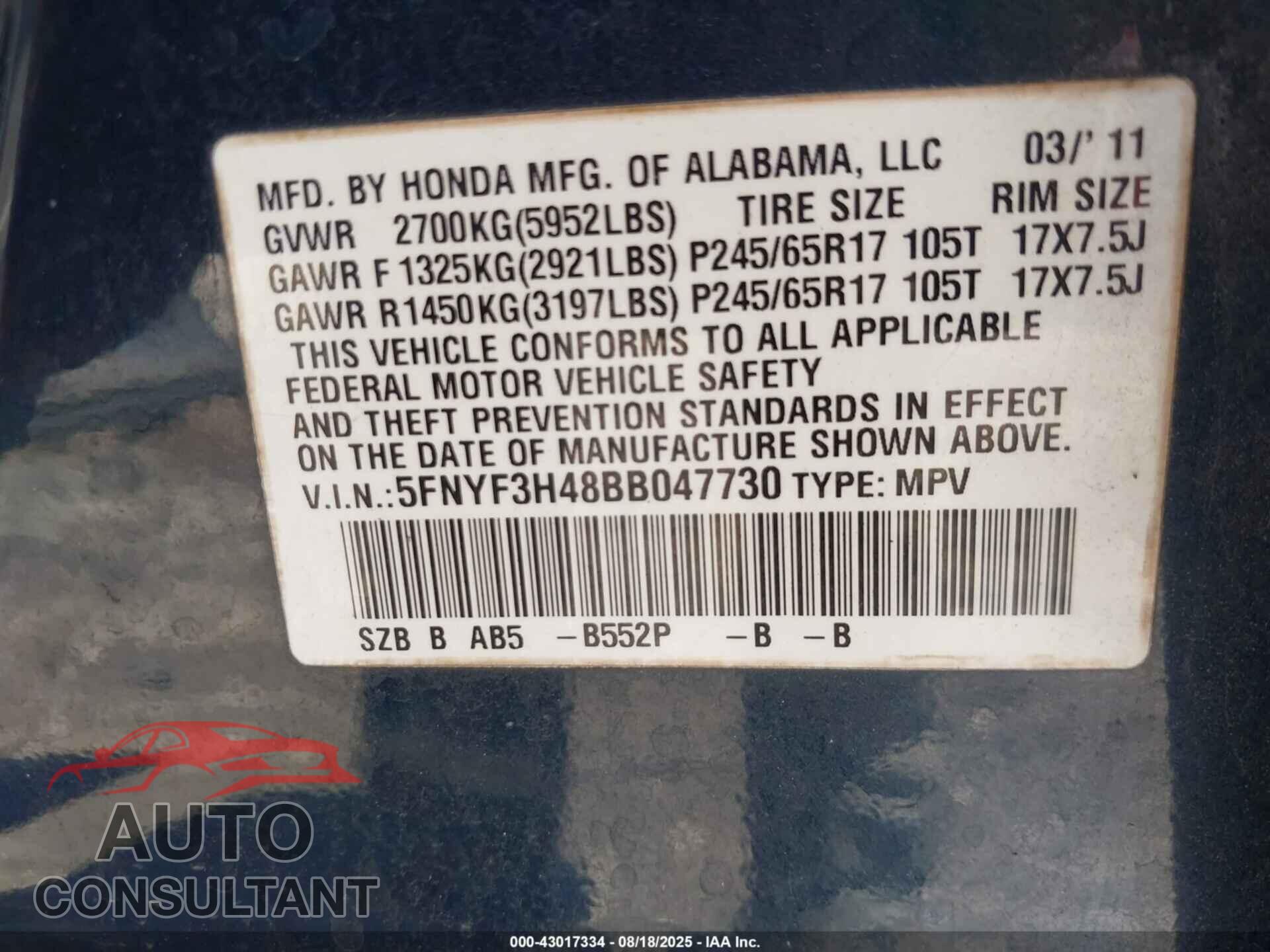 HONDA PILOT 2011 - 5FNYF3H48BB047730