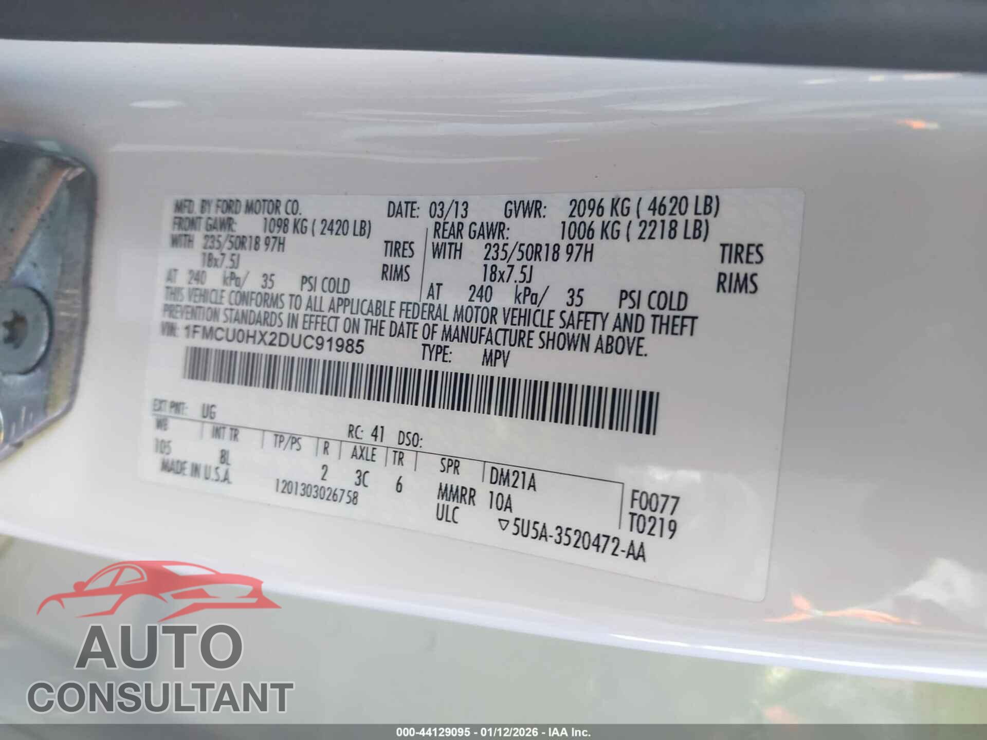 FORD ESCAPE 2013 - 1FMCU0HX2DUC91985