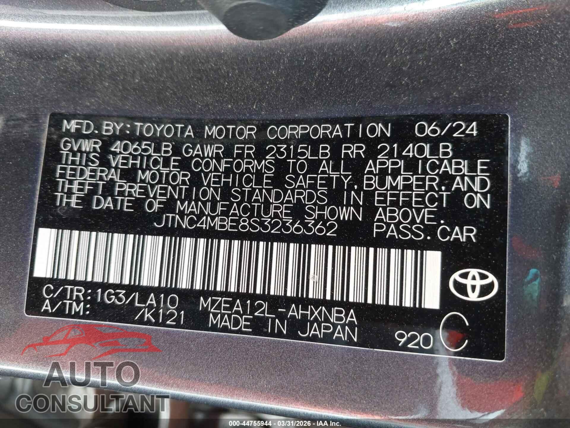 TOYOTA COROLLA 2025 - JTNC4MBE8S3236362