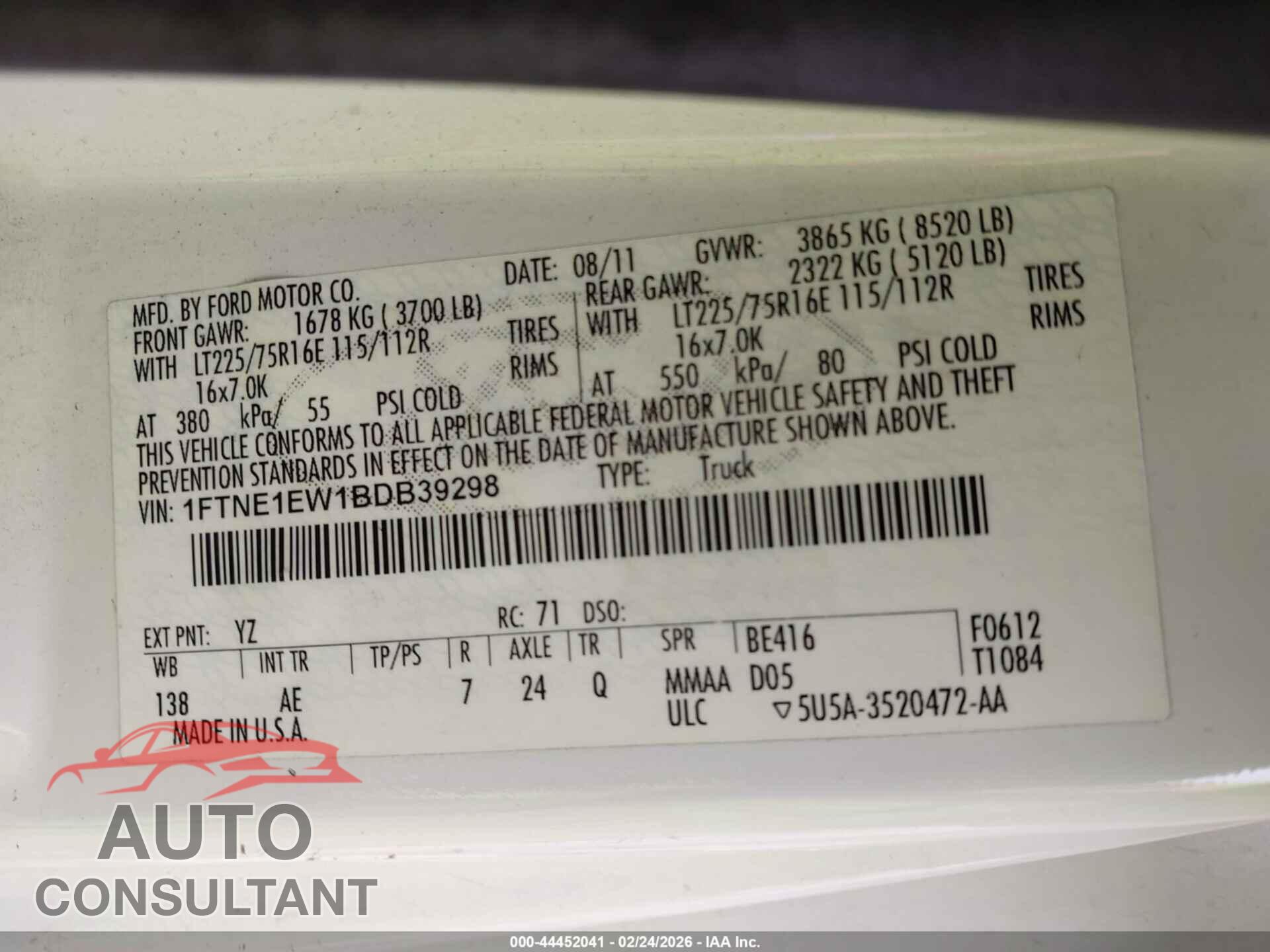 FORD E-150 2011 - 1FTNE1EW1BDB39298