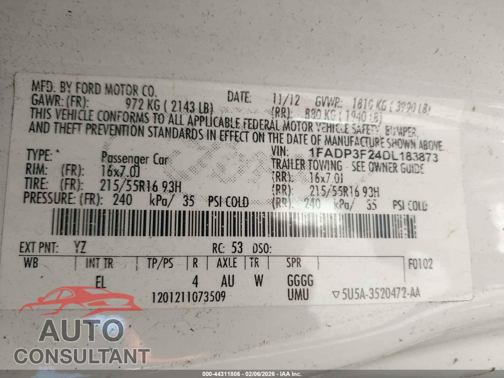 FORD FOCUS 2013 - 1FADP3F24DL183873