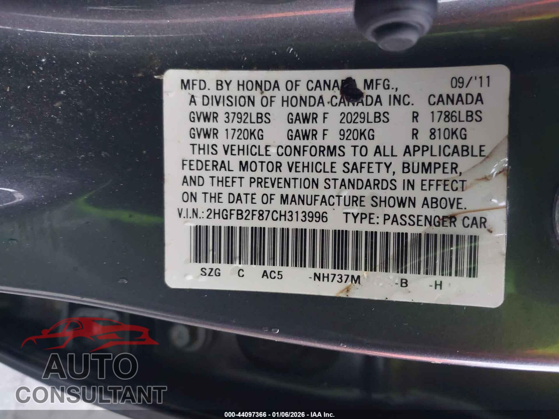 HONDA CIVIC 2012 - 2HGFB2F87CH313996