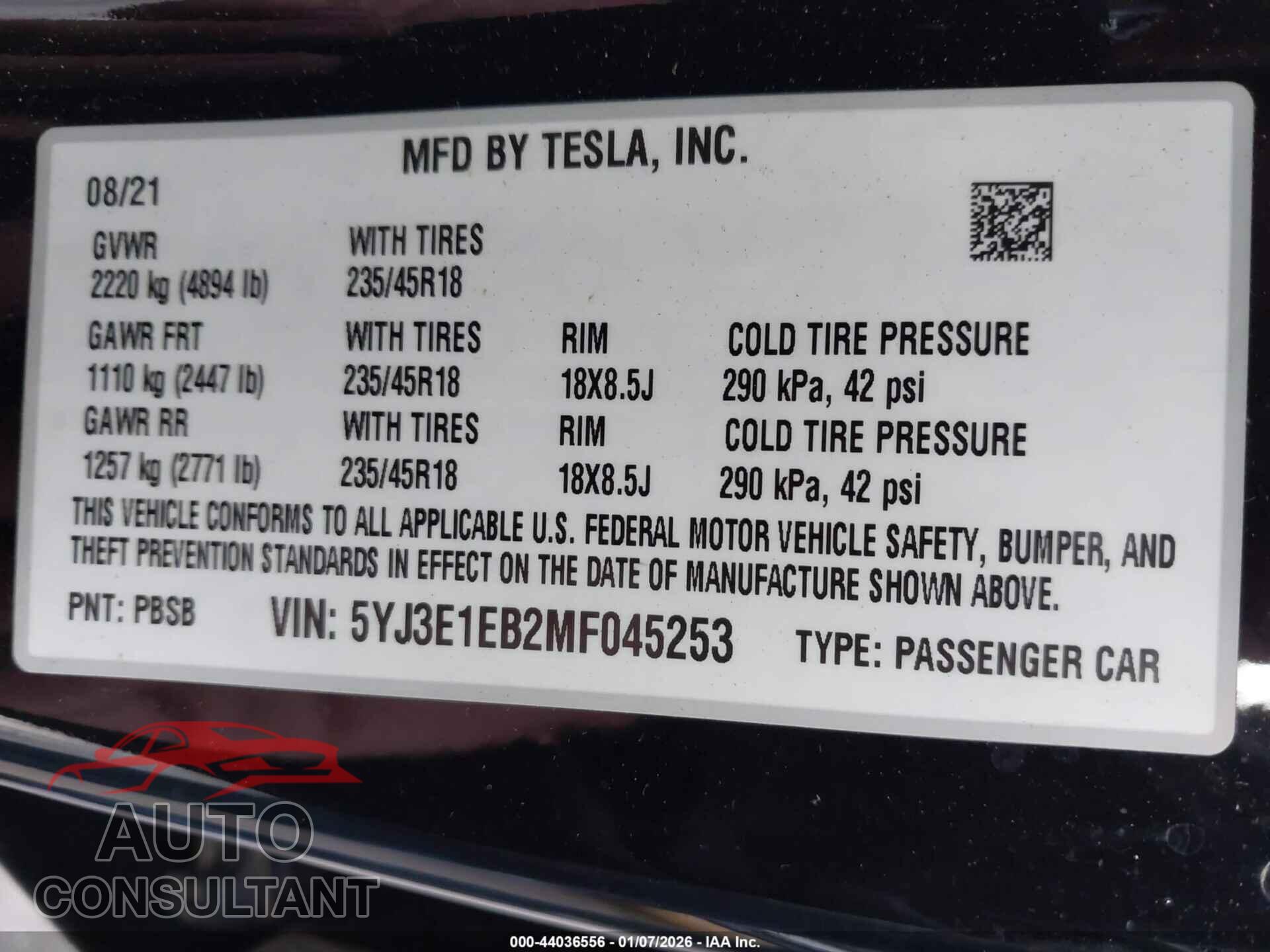 TESLA MODEL 3 2021 - 5YJ3E1EB2MF045253