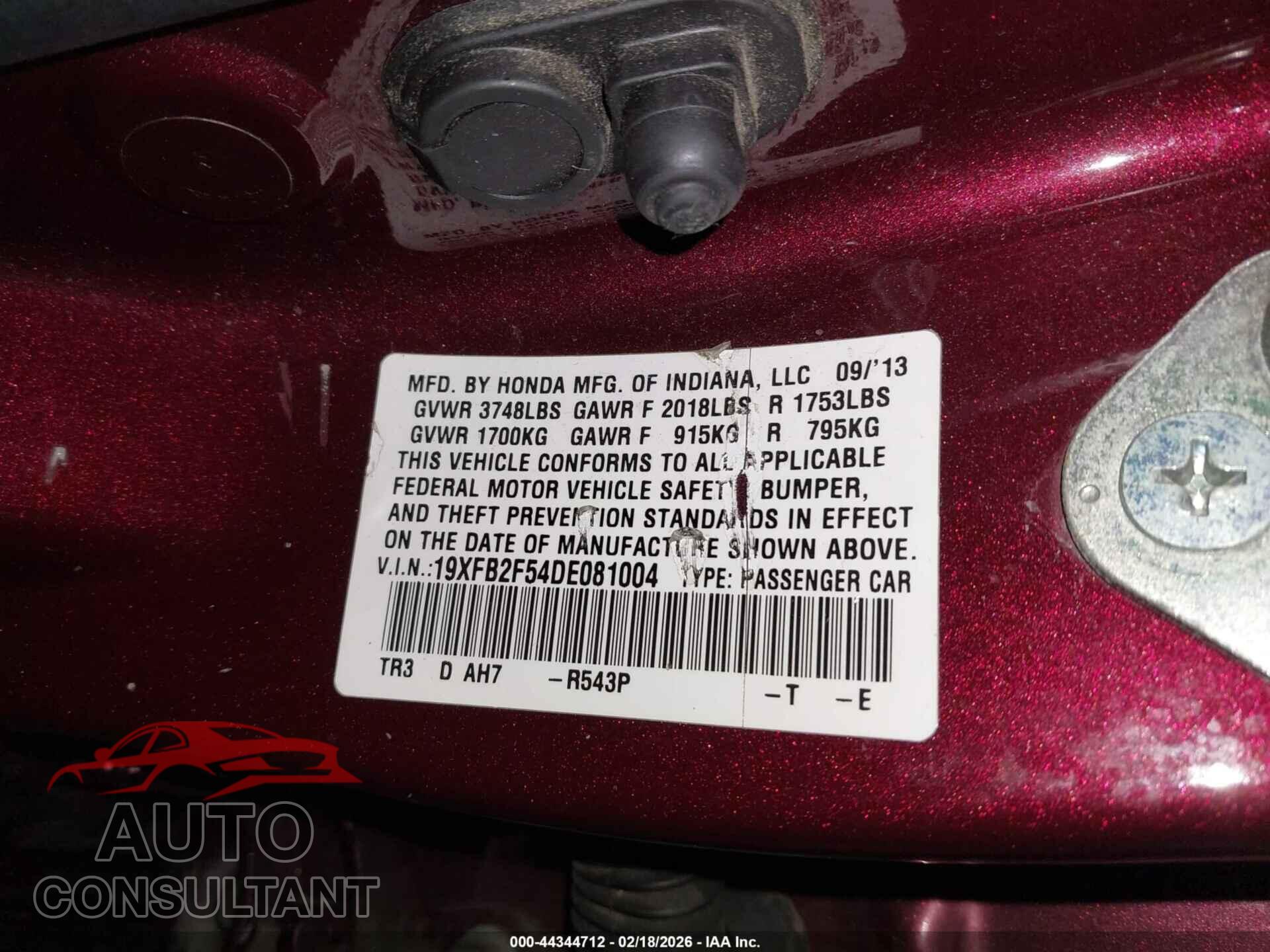 HONDA CIVIC 2013 - 19XFB2F54DE081004