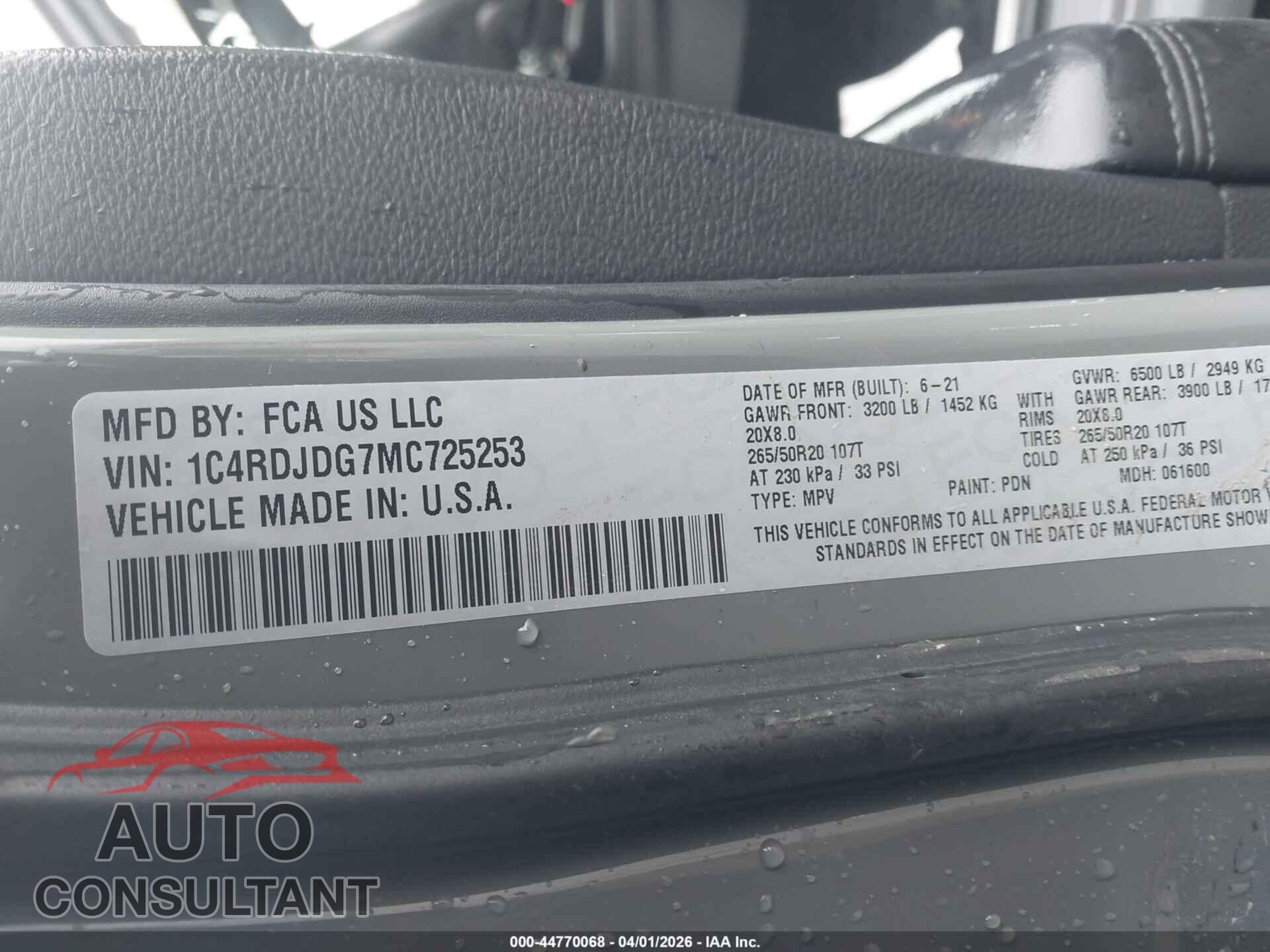 DODGE DURANGO 2021 - 1C4RDJDG7MC725253