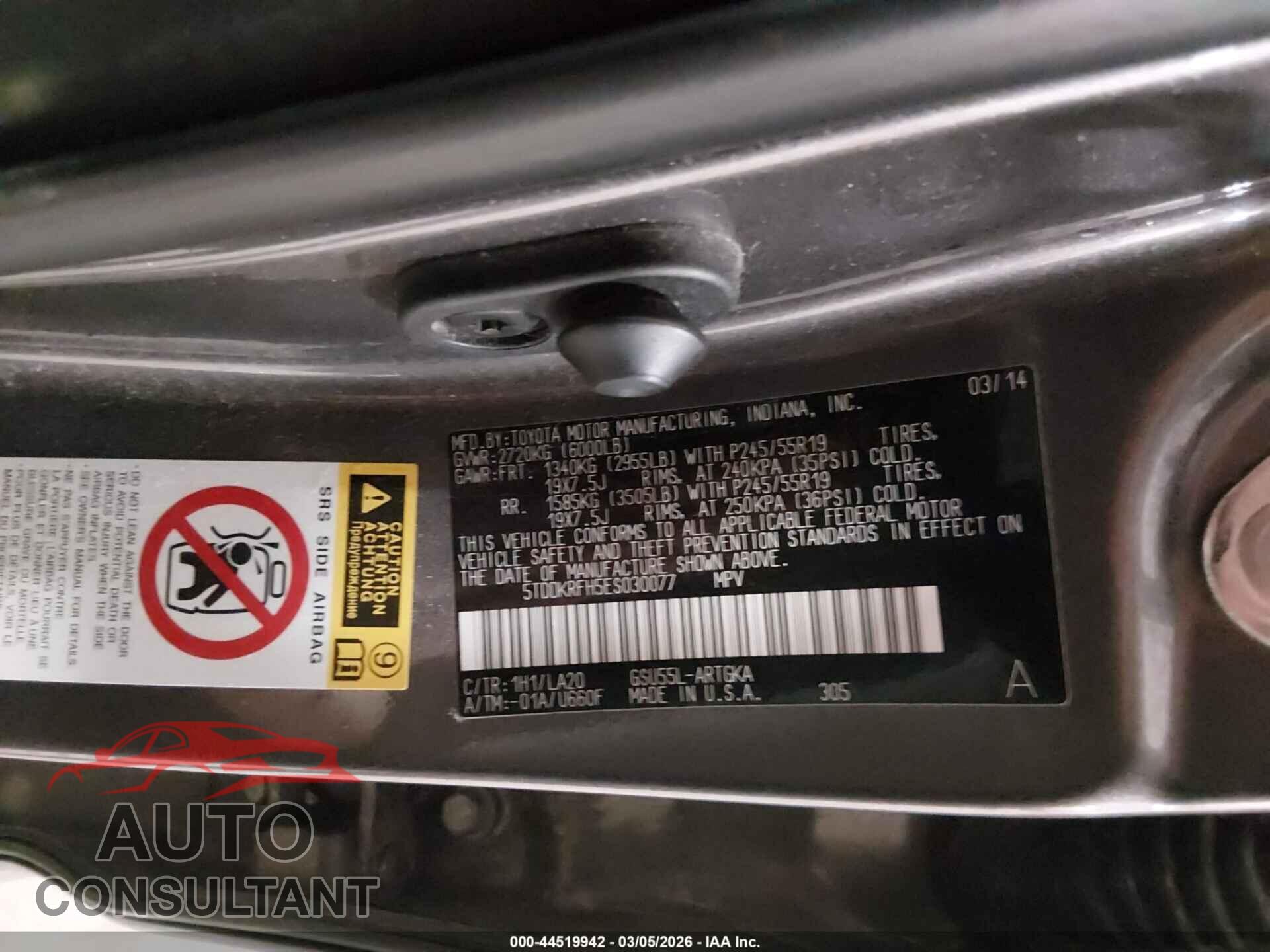 TOYOTA HIGHLANDER 2014 - 5TDDKRFH5ES030077