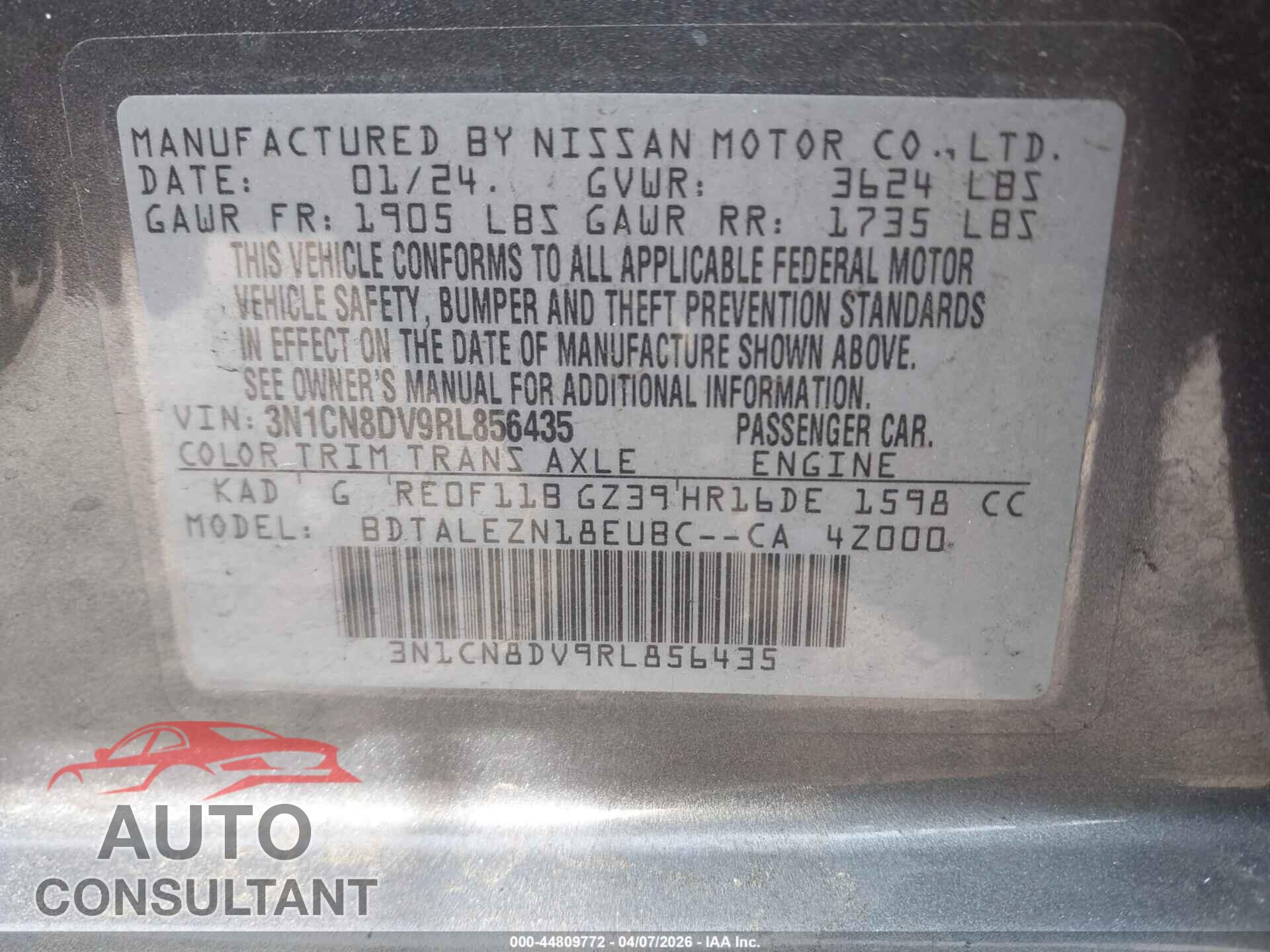 NISSAN VERSA 2024 - 3N1CN8DV9RL856435