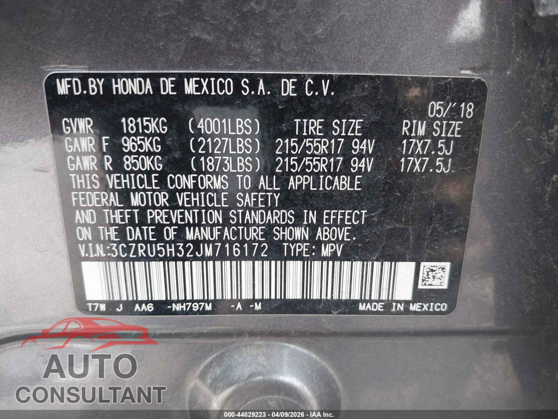 HONDA HR-V 2018 - 3CZRU5H32JM716172