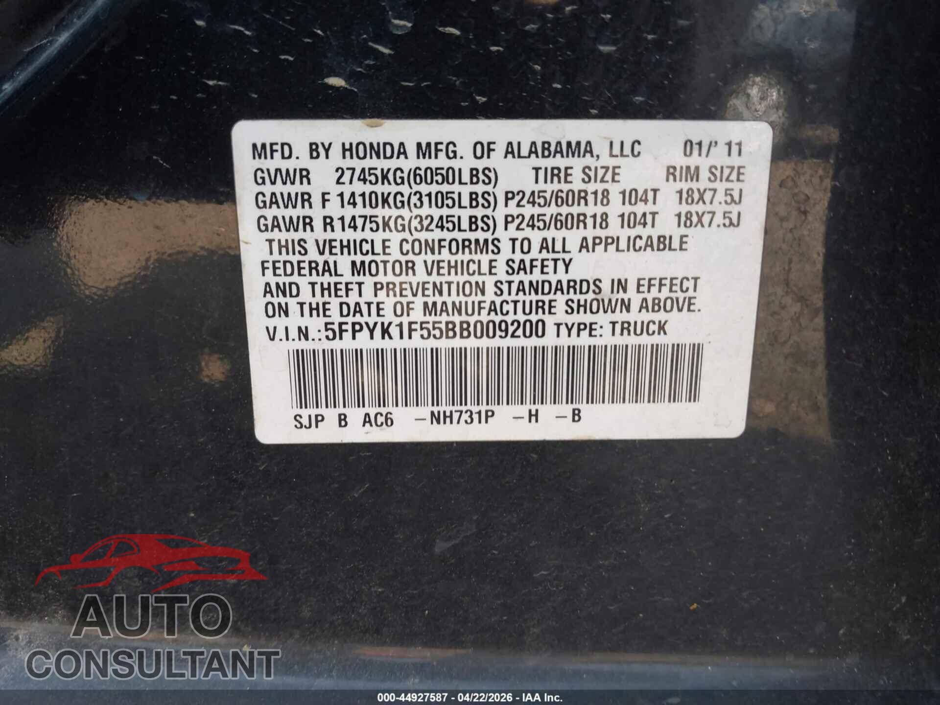 HONDA RIDGELINE 2011 - 5FPYK1F55BB009200