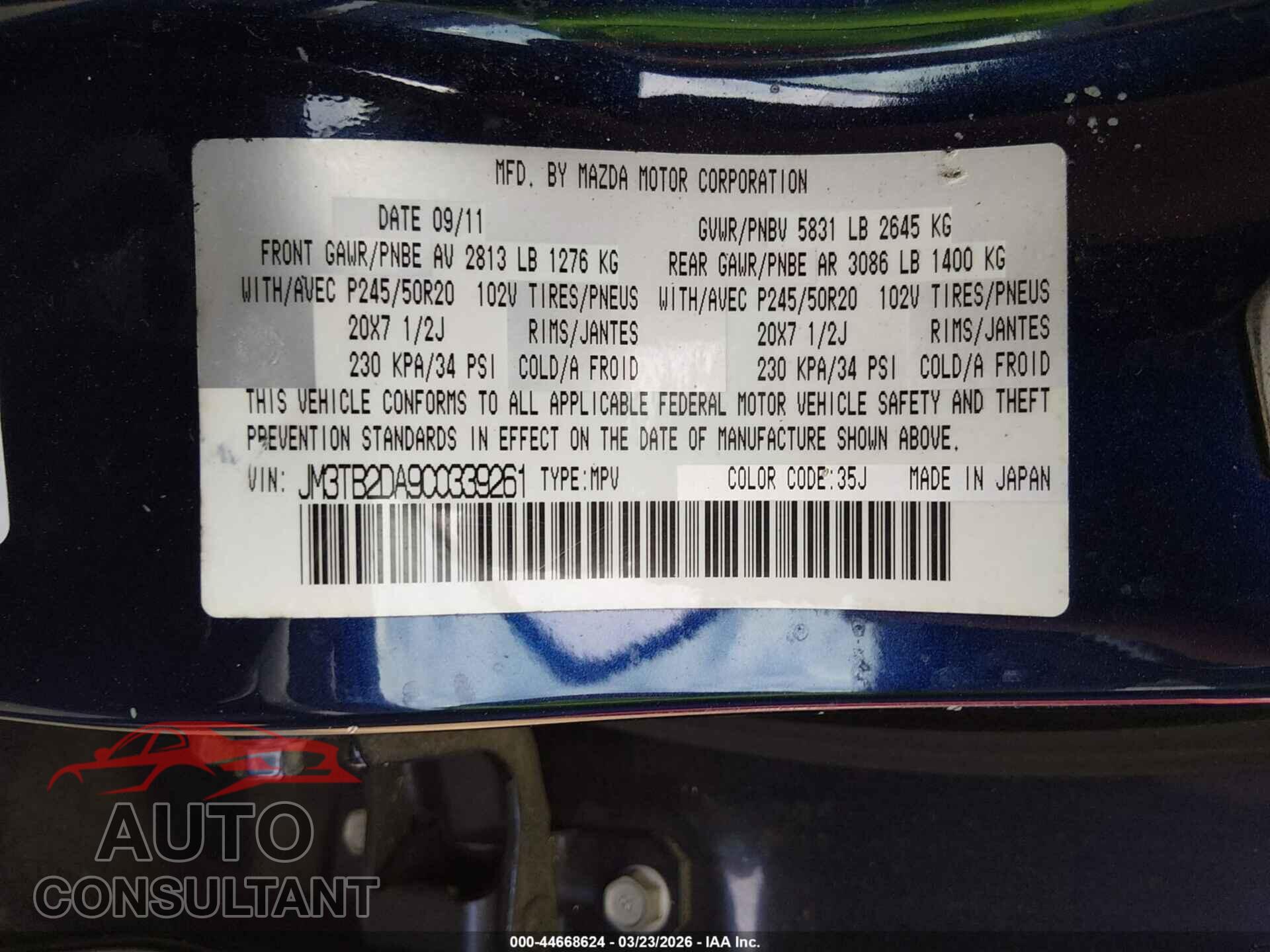 MAZDA CX-9 2012 - JM3TB2DA9C0339261